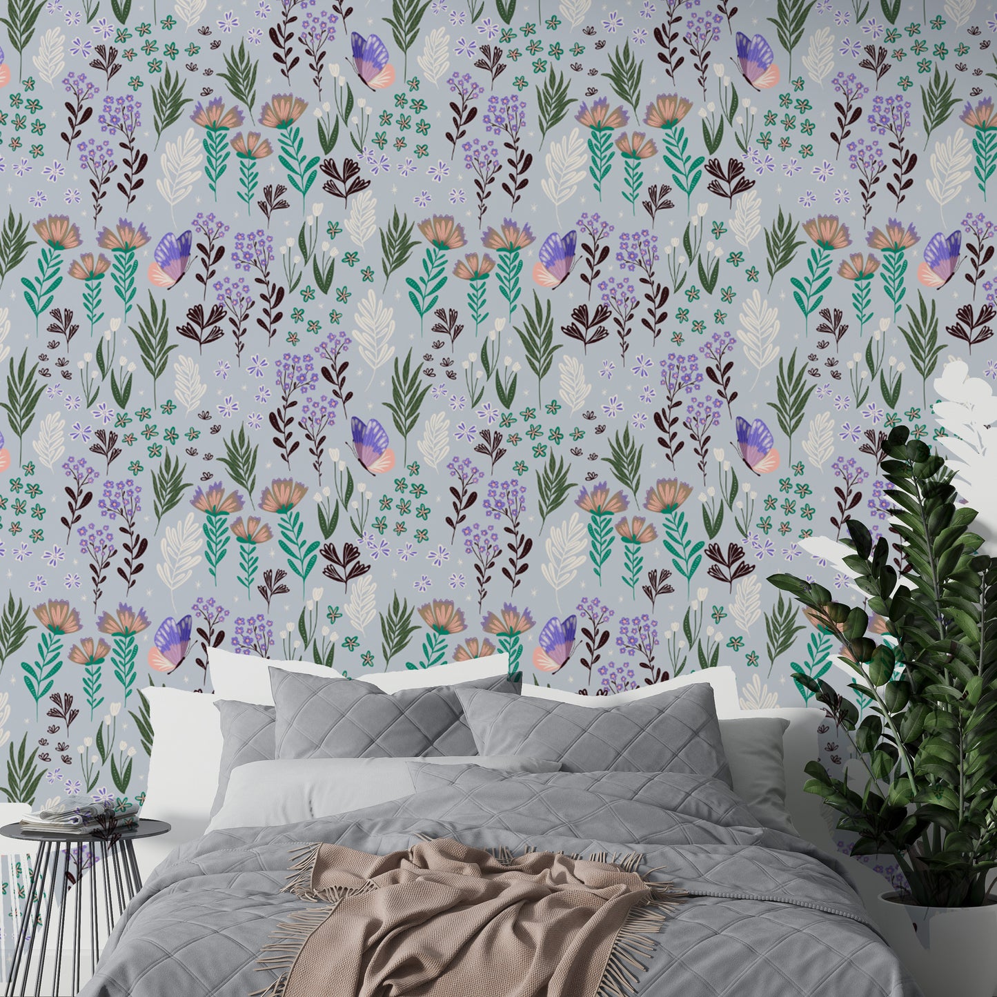 Purple-themed wallpaper showcasing butterflies in a meadow
