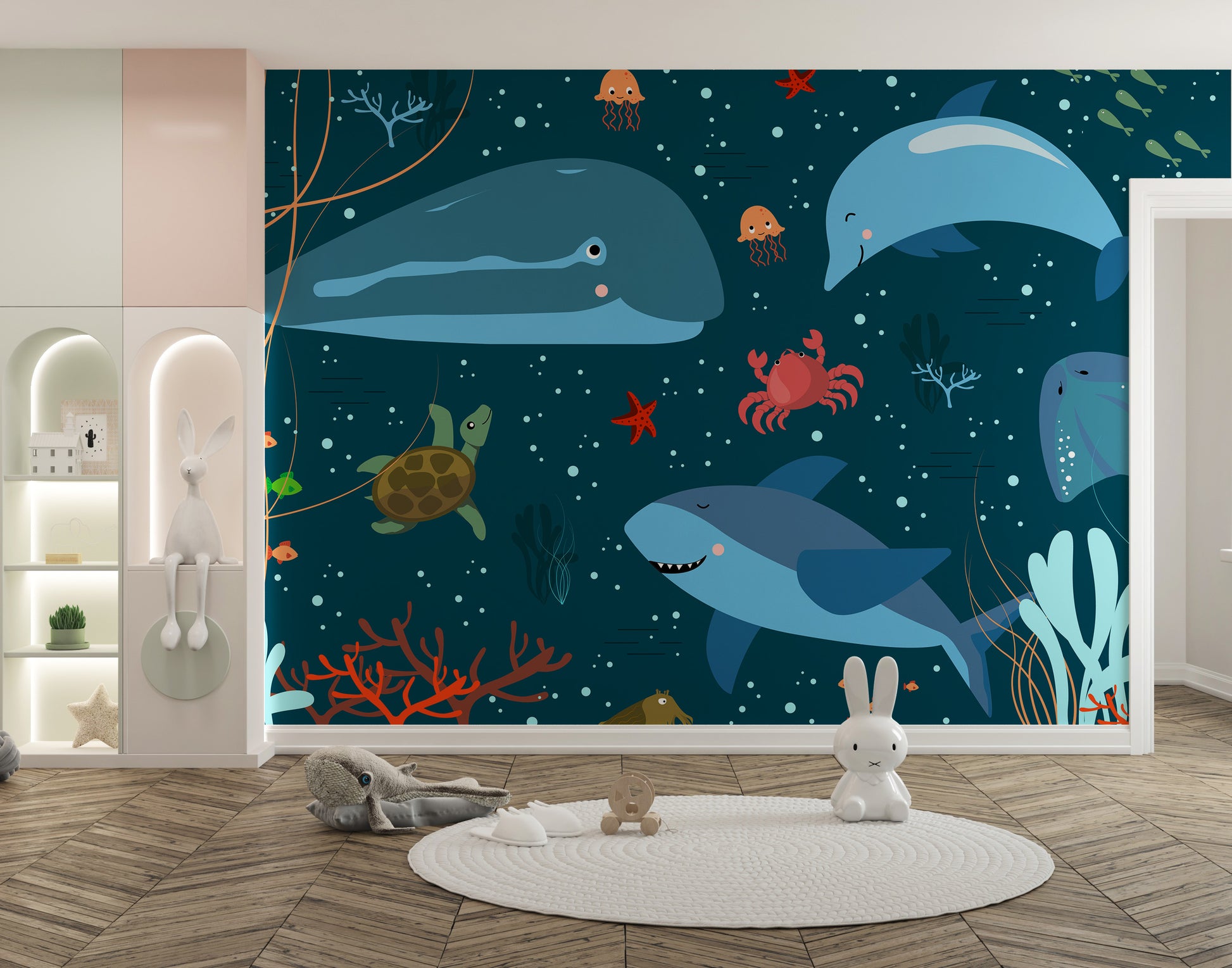 Nautical-themed kids wall mural decor
