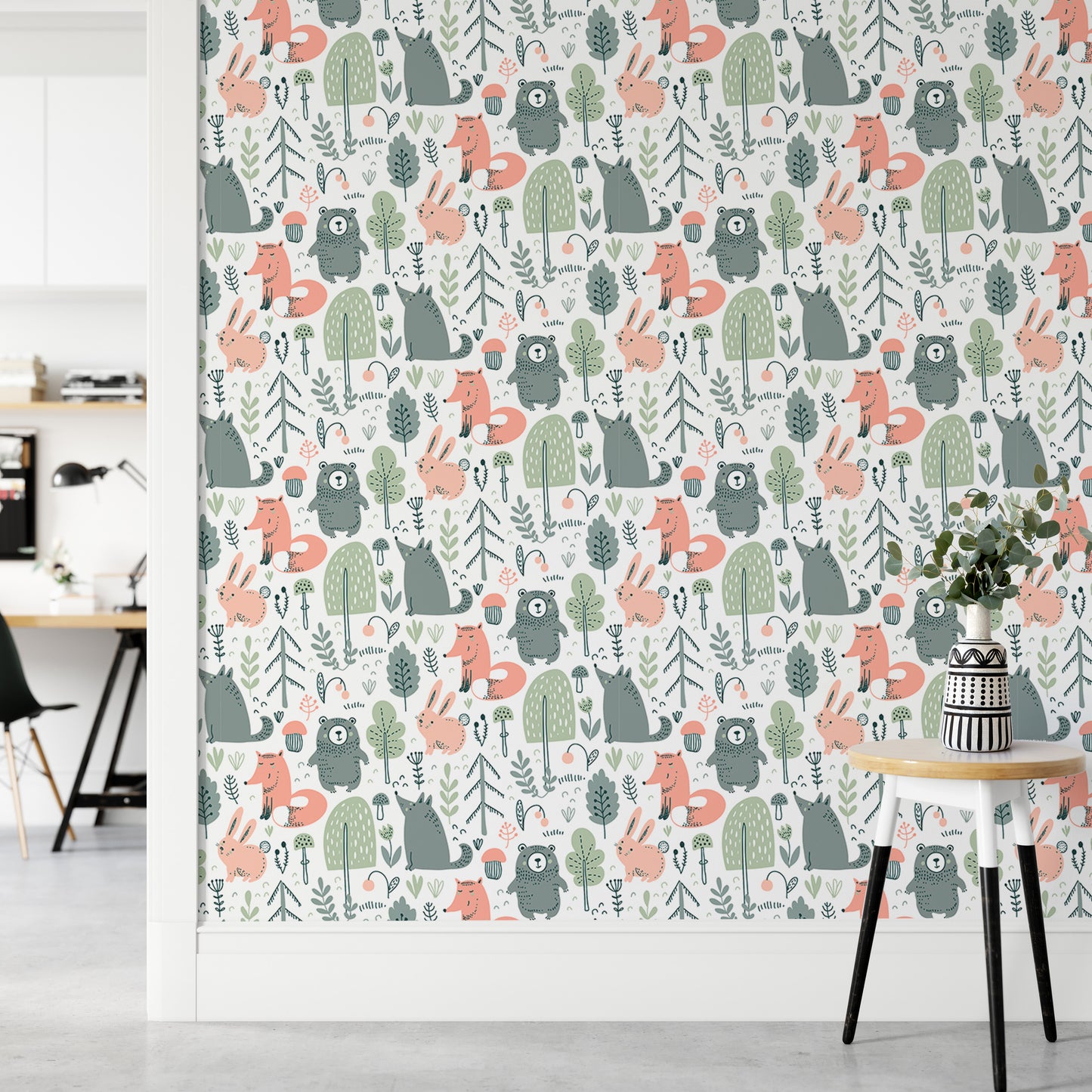 Forest-themed kids' wallpaper with vibrant animal patterns