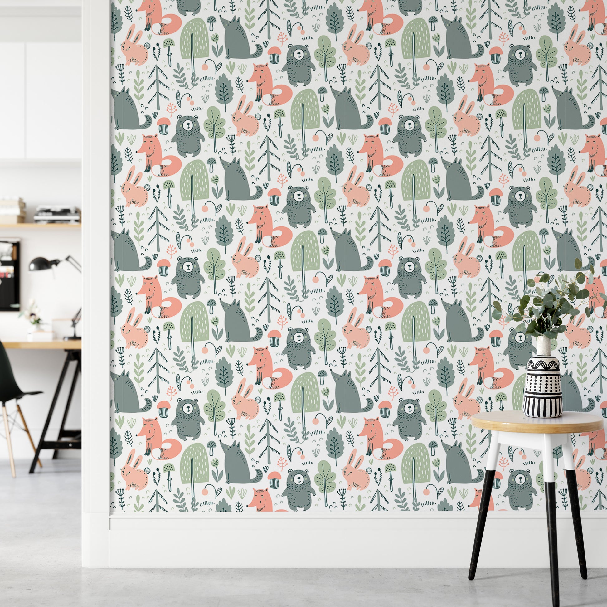 Forest-themed kids' wallpaper with vibrant animal patterns