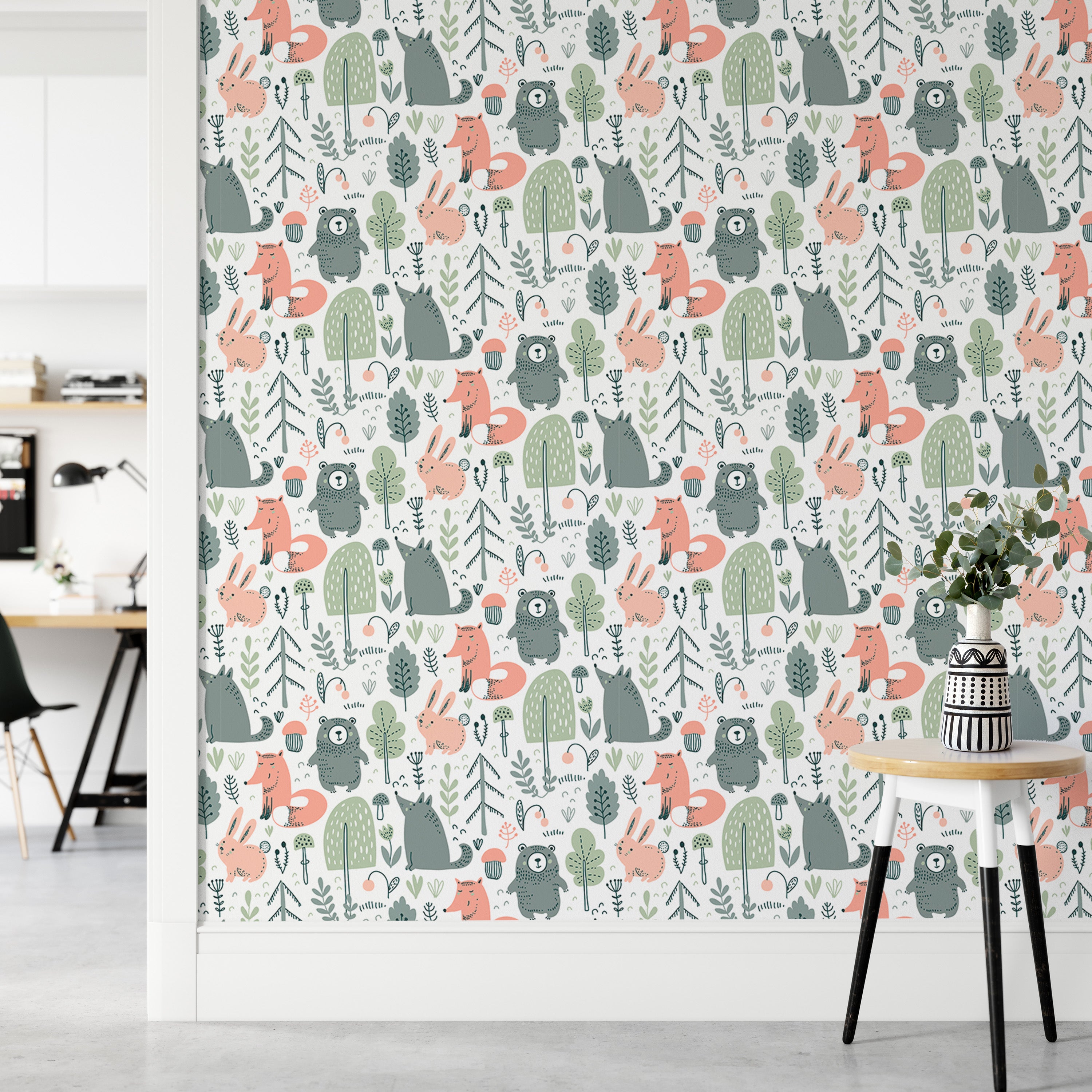 Forest-themed kids' wallpaper with vibrant animal patterns