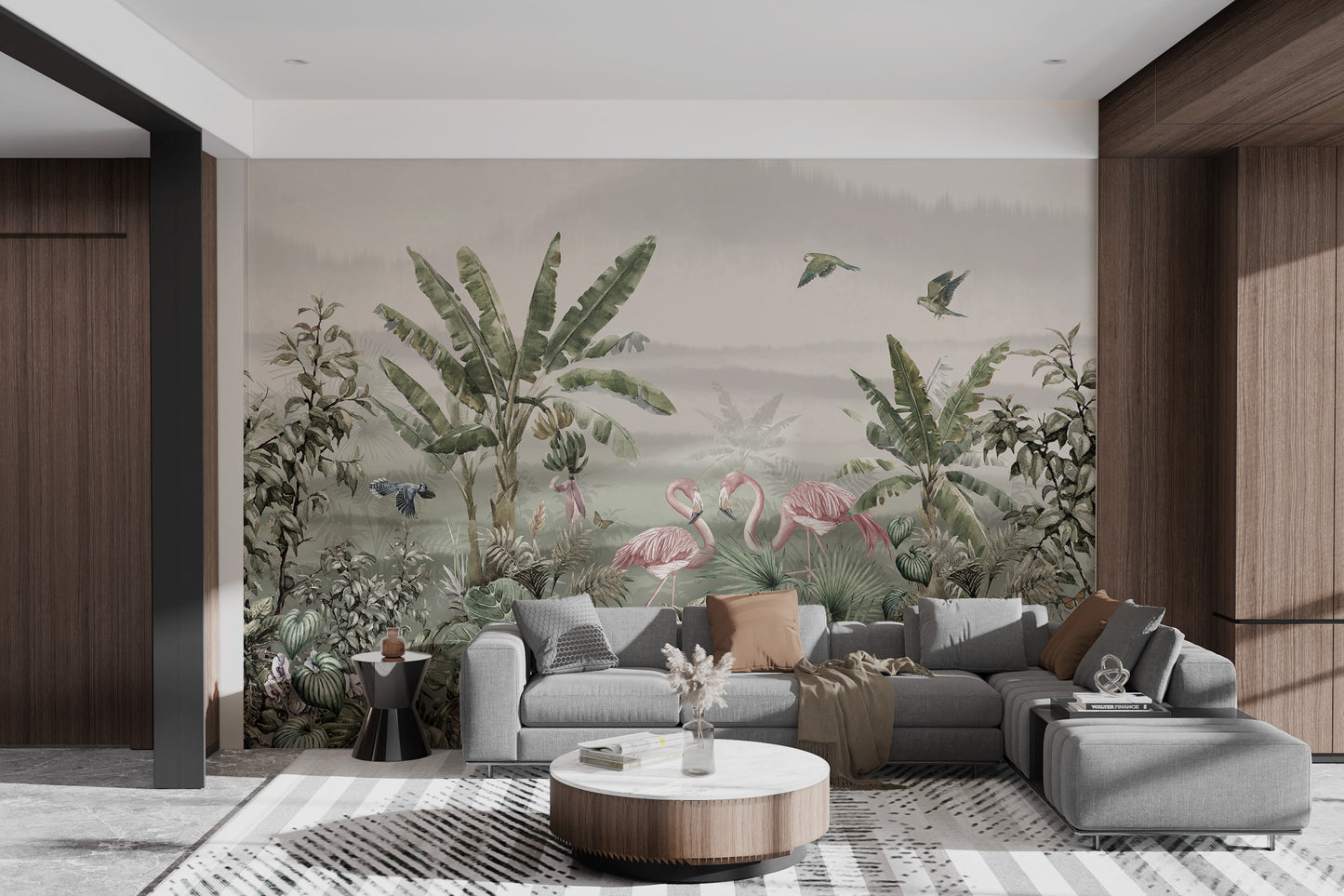 Tropical mural with flamingos and palm leaves