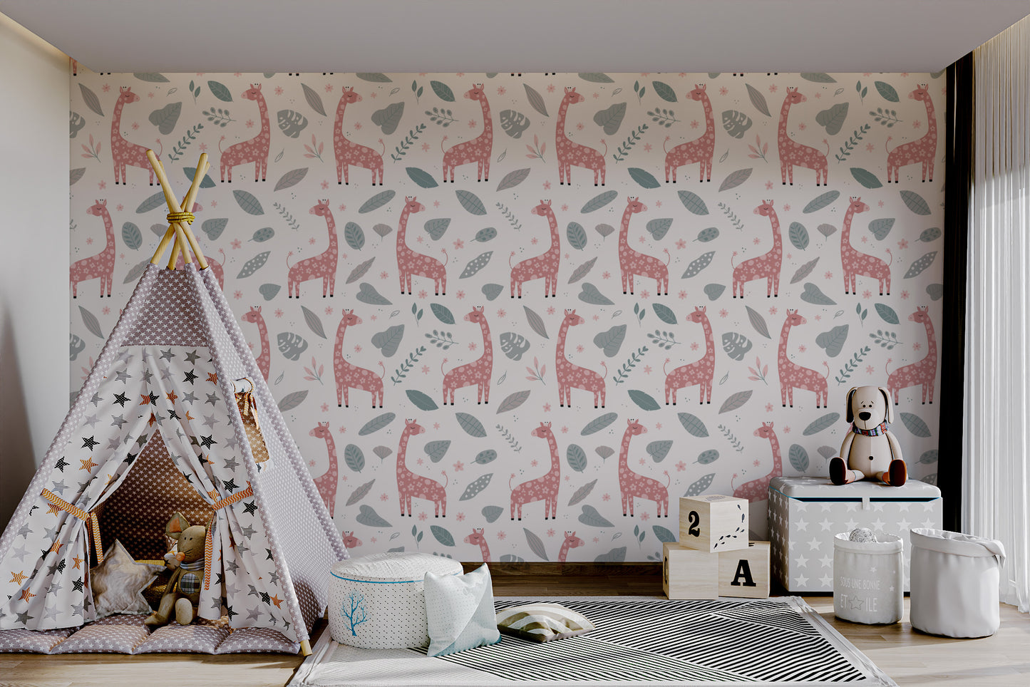 Giraffe and Leaves Wallpaper Mural - Pink