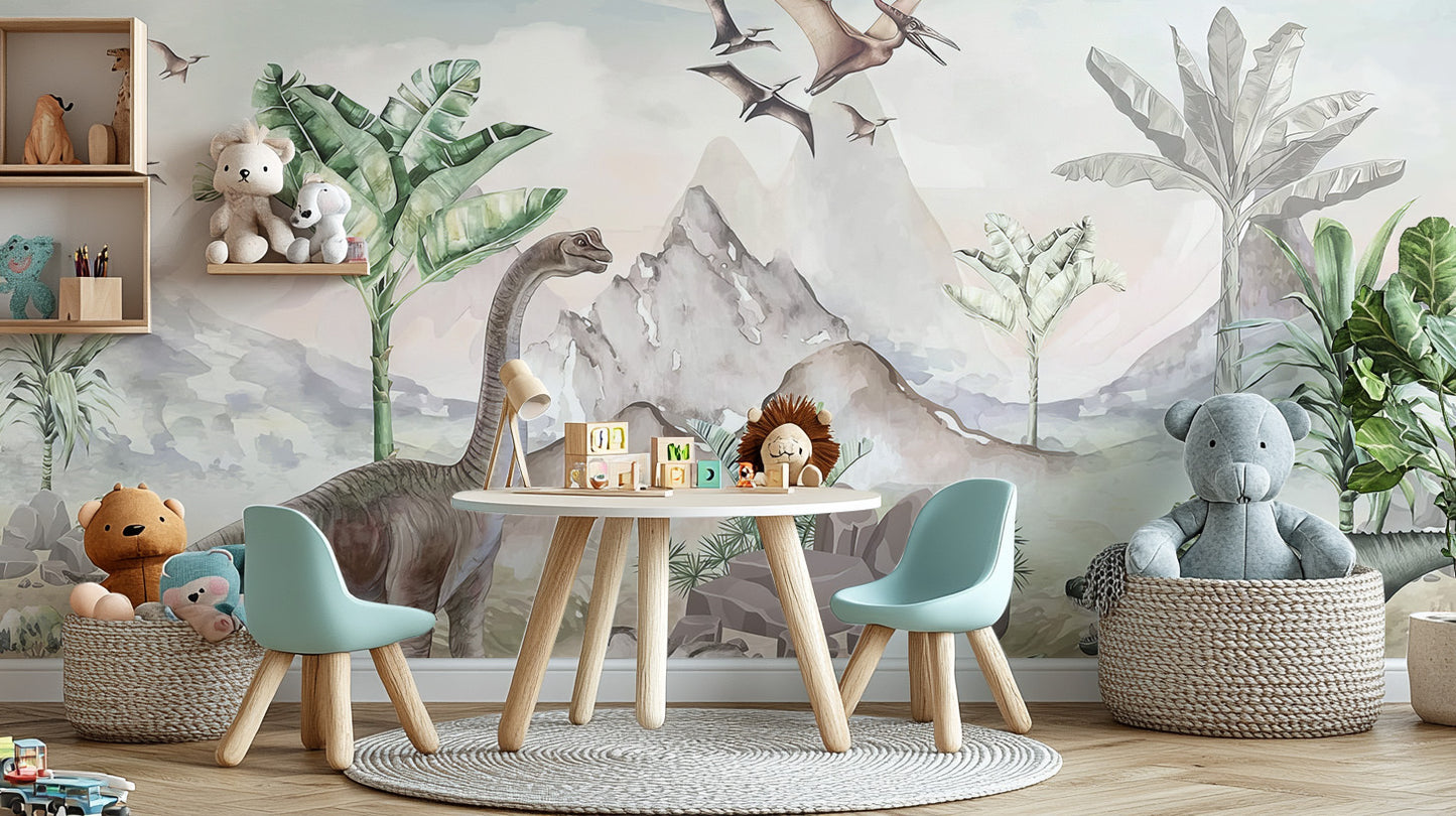 Dinosaur-inspired wallpaper featuring large green plants, flying pterosaurs, and prehistoric animals against a soft pastel mountain backdrop.