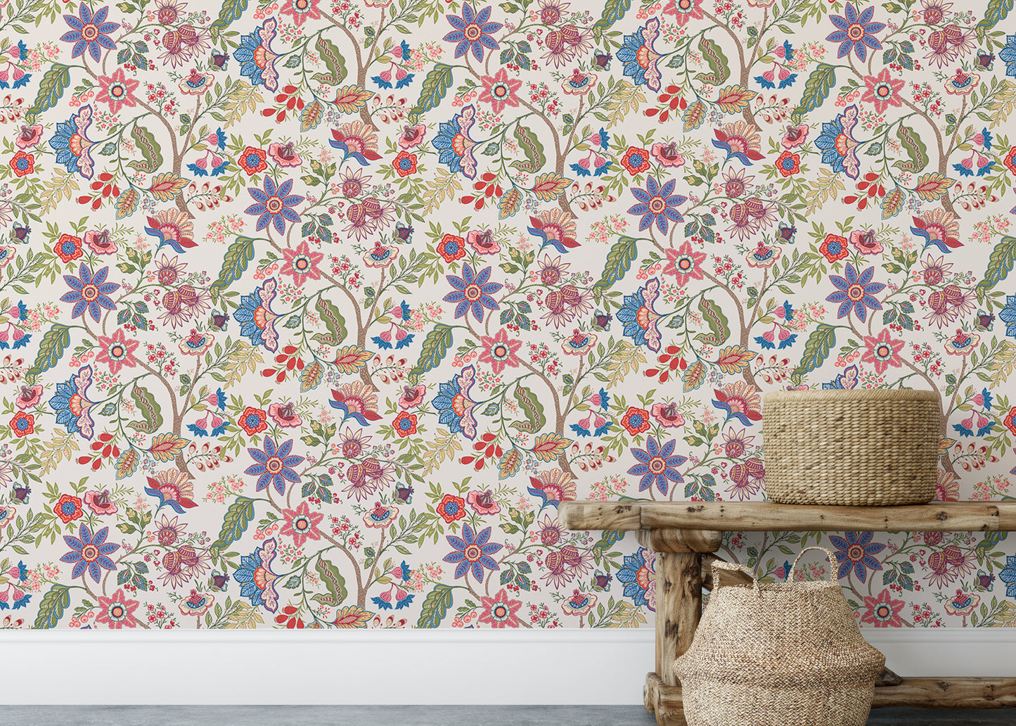 Fantasy Flowers Retro Vintage Jacobean Embroidery Style Wallpaper