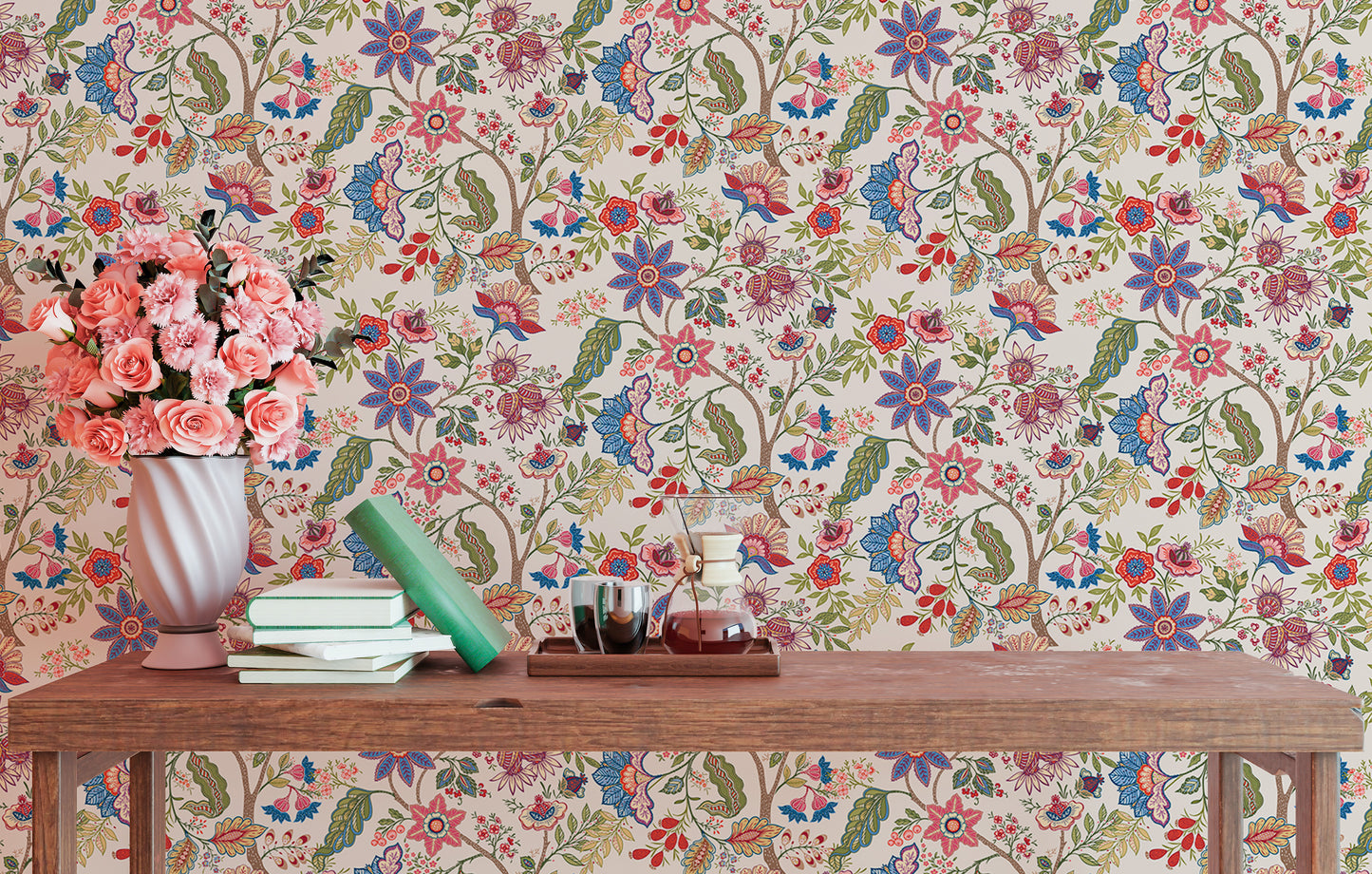 Fantasy Flowers Retro Vintage Jacobean Embroidery Style Wallpaper