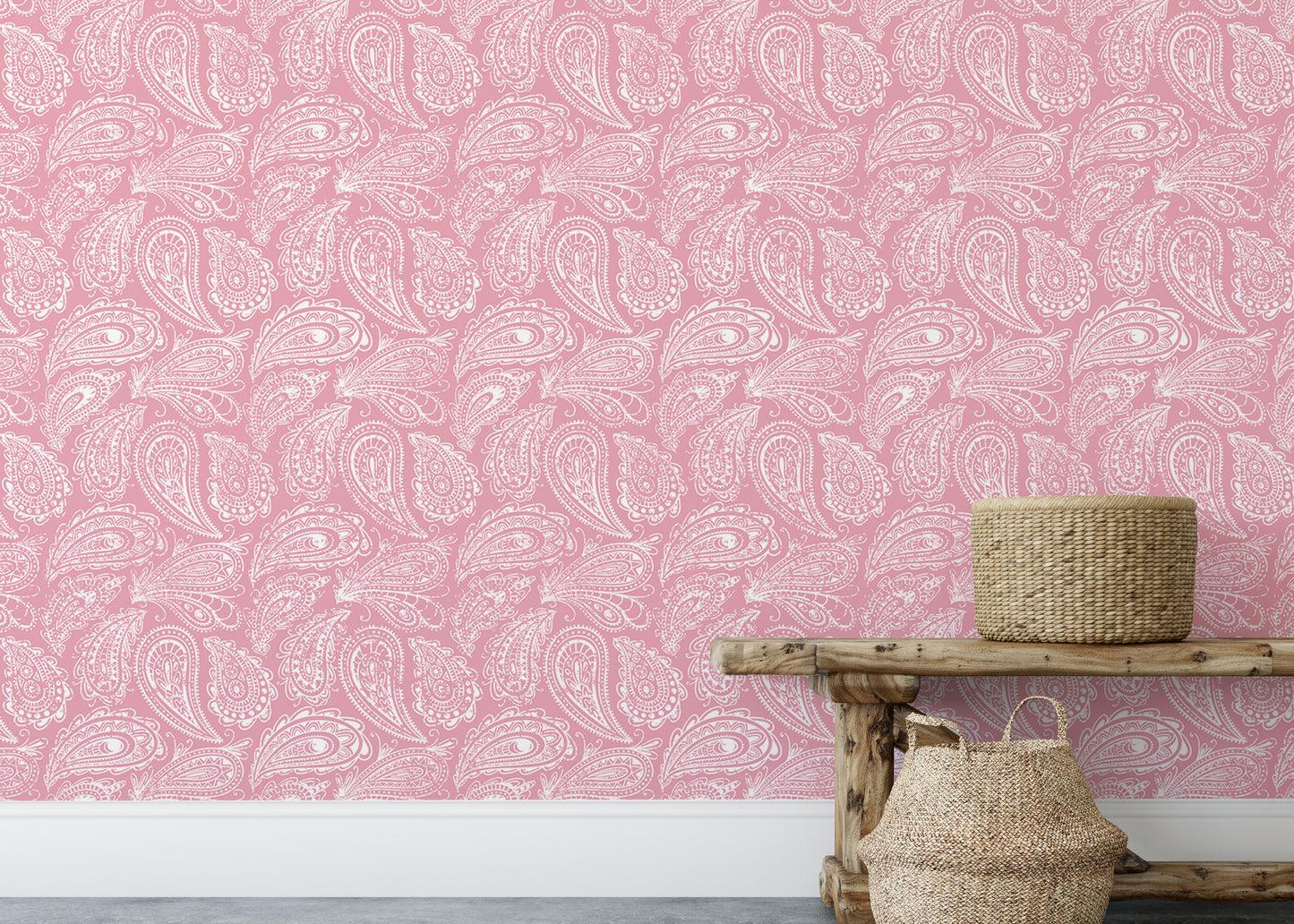 Pink Color Hand Drawn Paisley Ornament Wallpaper