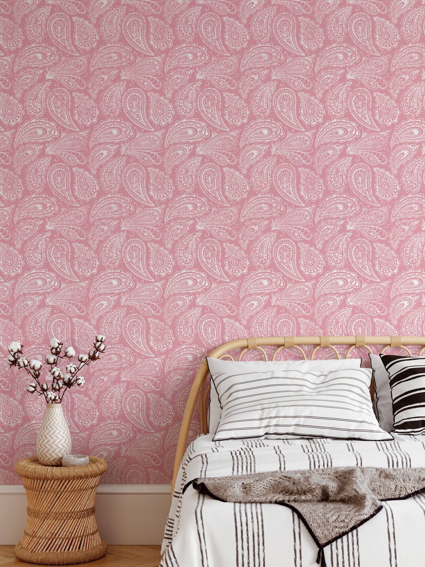 Pink Color Hand Drawn Paisley Ornament Wallpaper