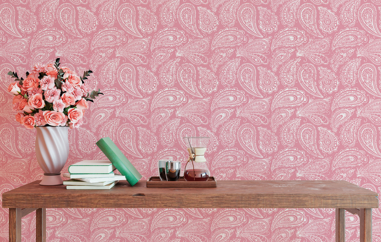 Pink Color Hand Drawn Paisley Ornament Wallpaper