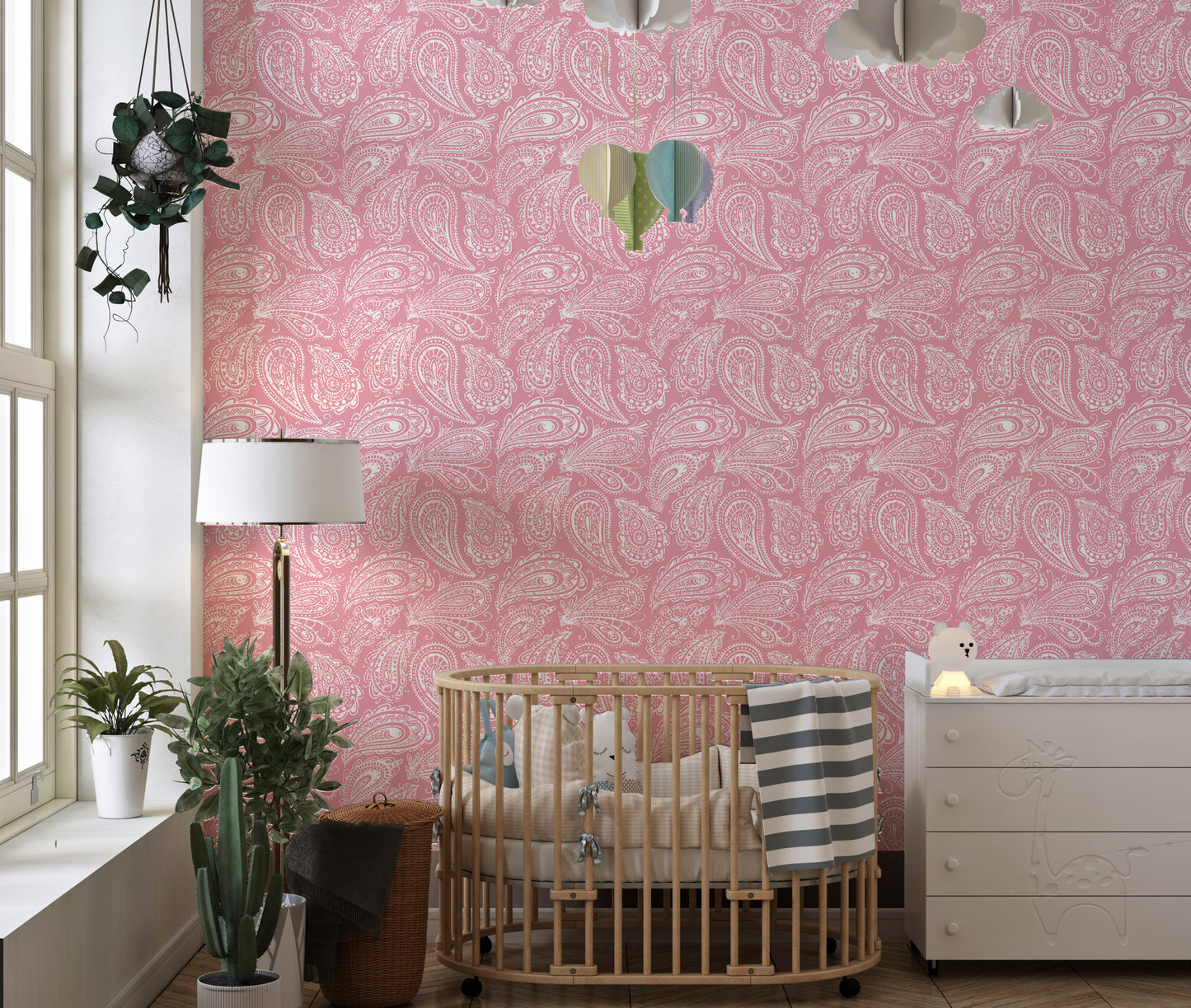 Pink Color Hand Drawn Paisley Ornament Wallpaper