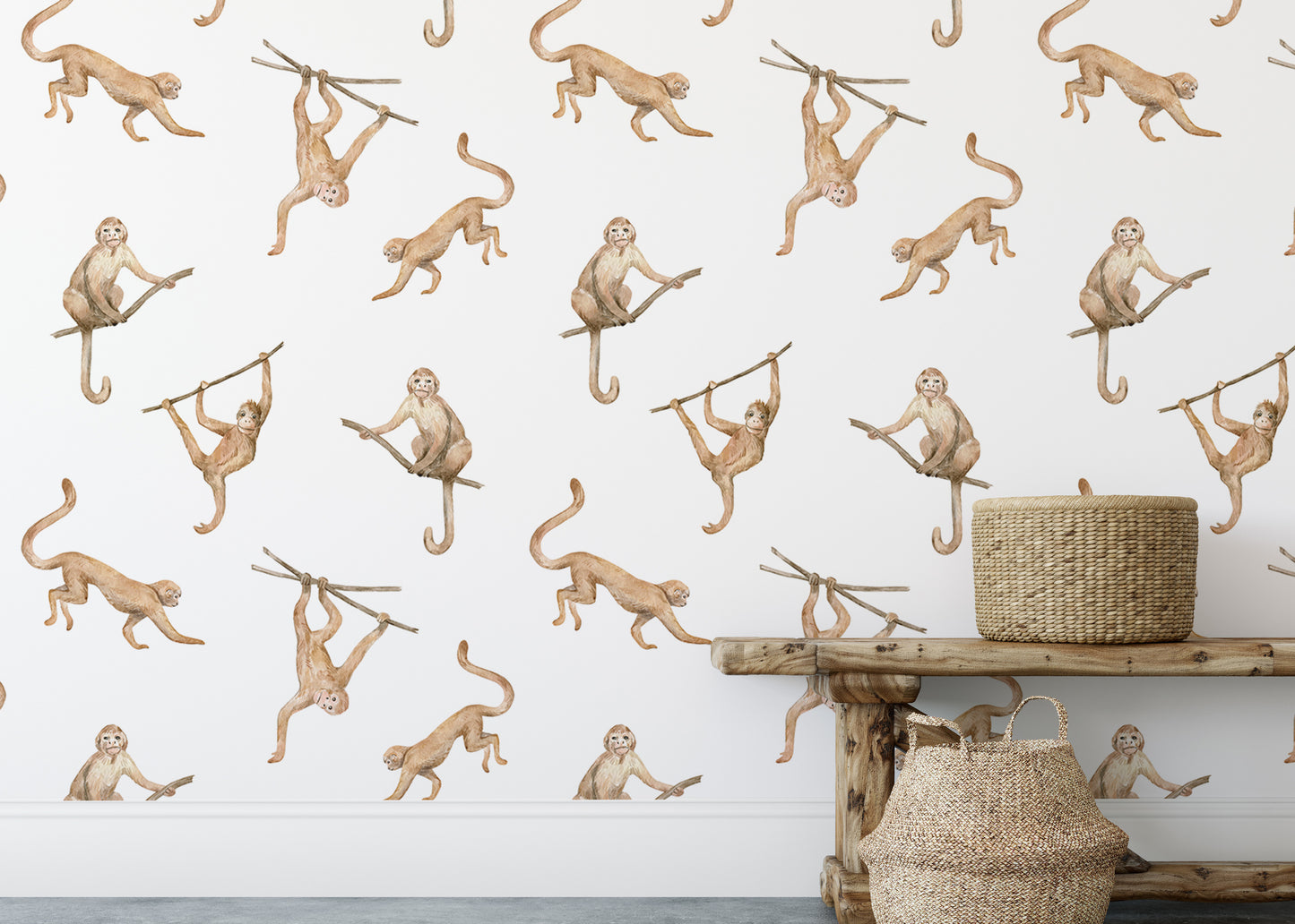 Playful wallpaper with watercolor monkeys in repeat pattern