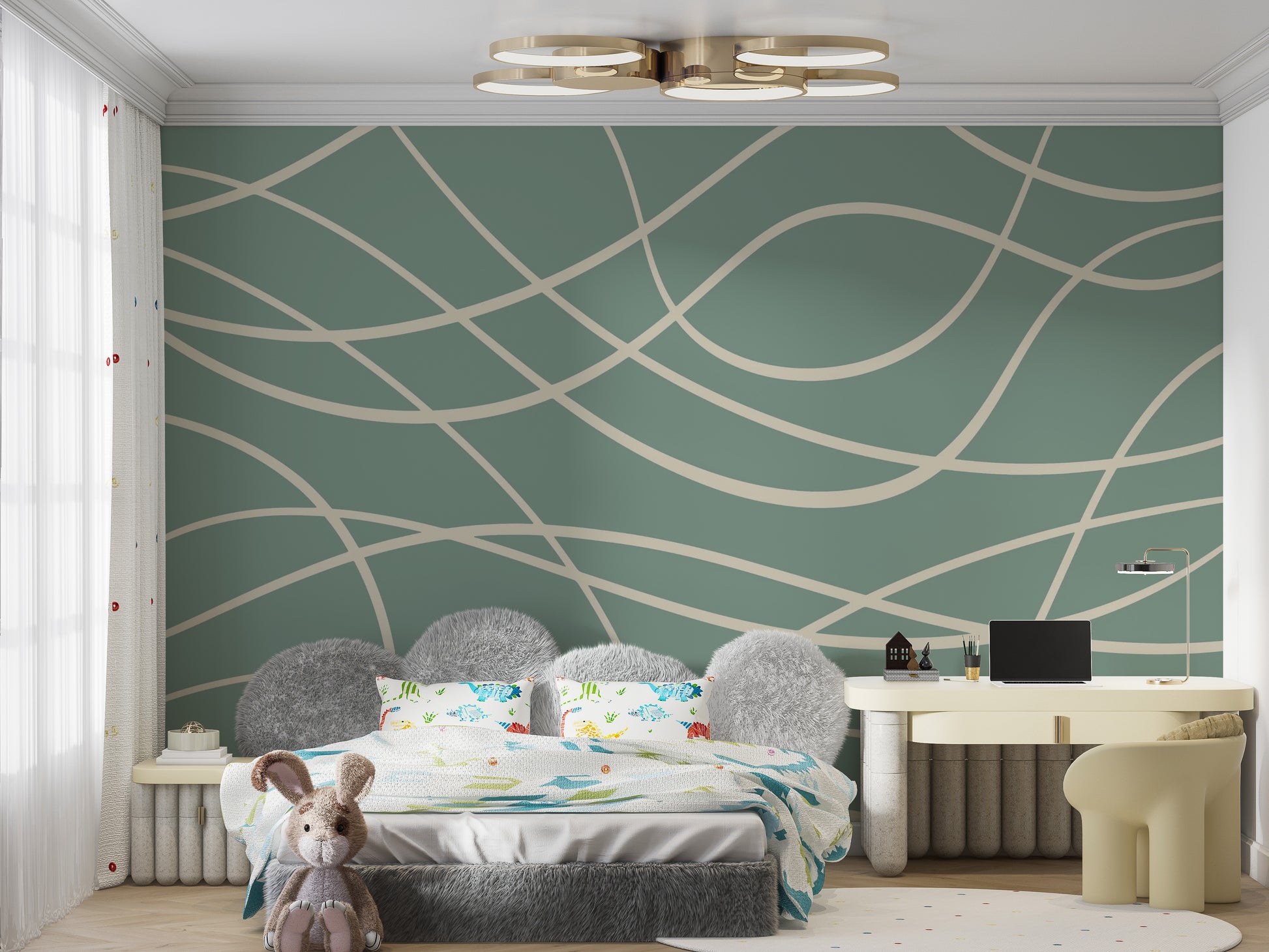 Decorative green line abstract mural for stylish interiors



