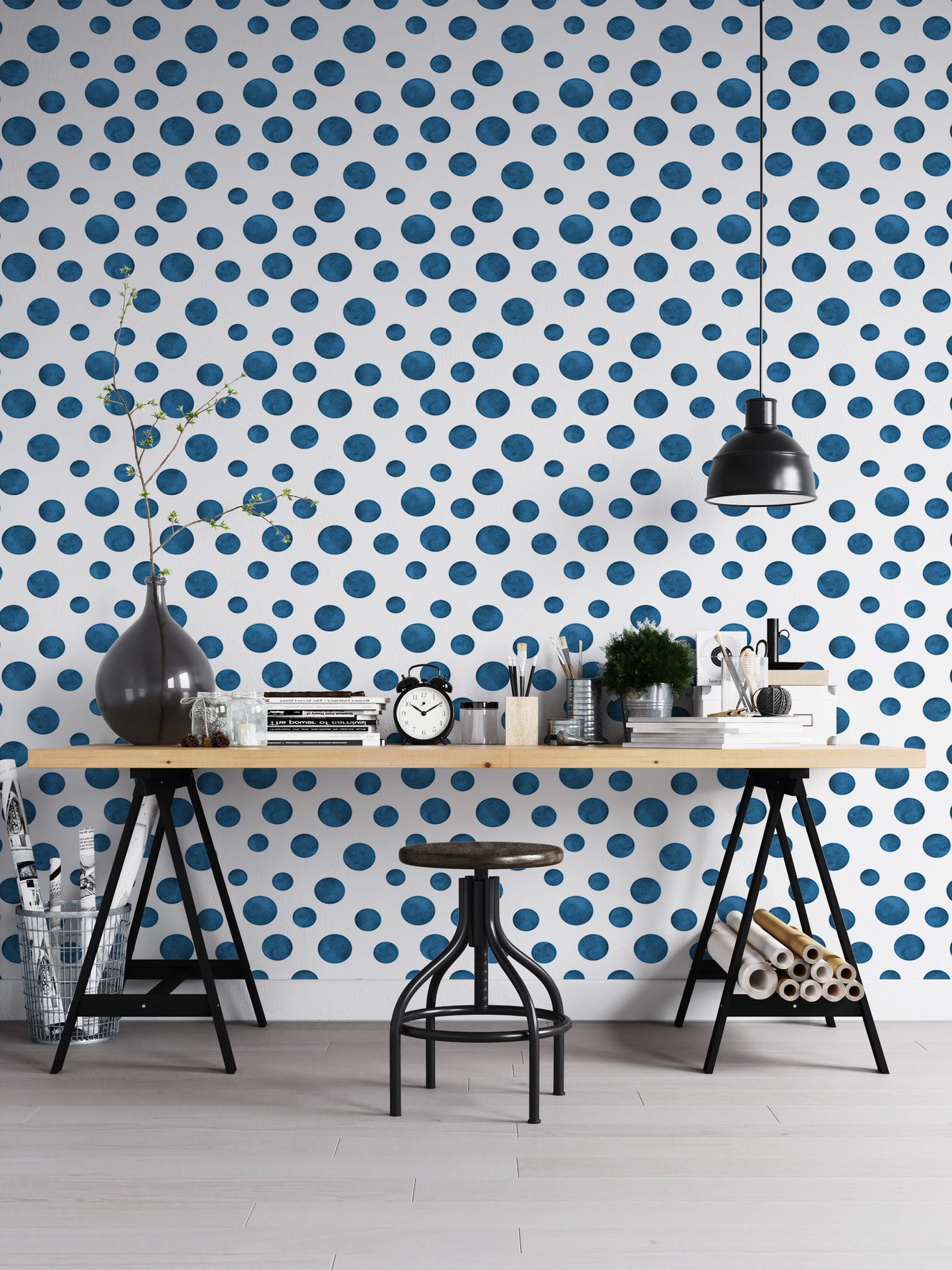 Navy Blue Indigo Watercolor Polka Dots Wallpaper