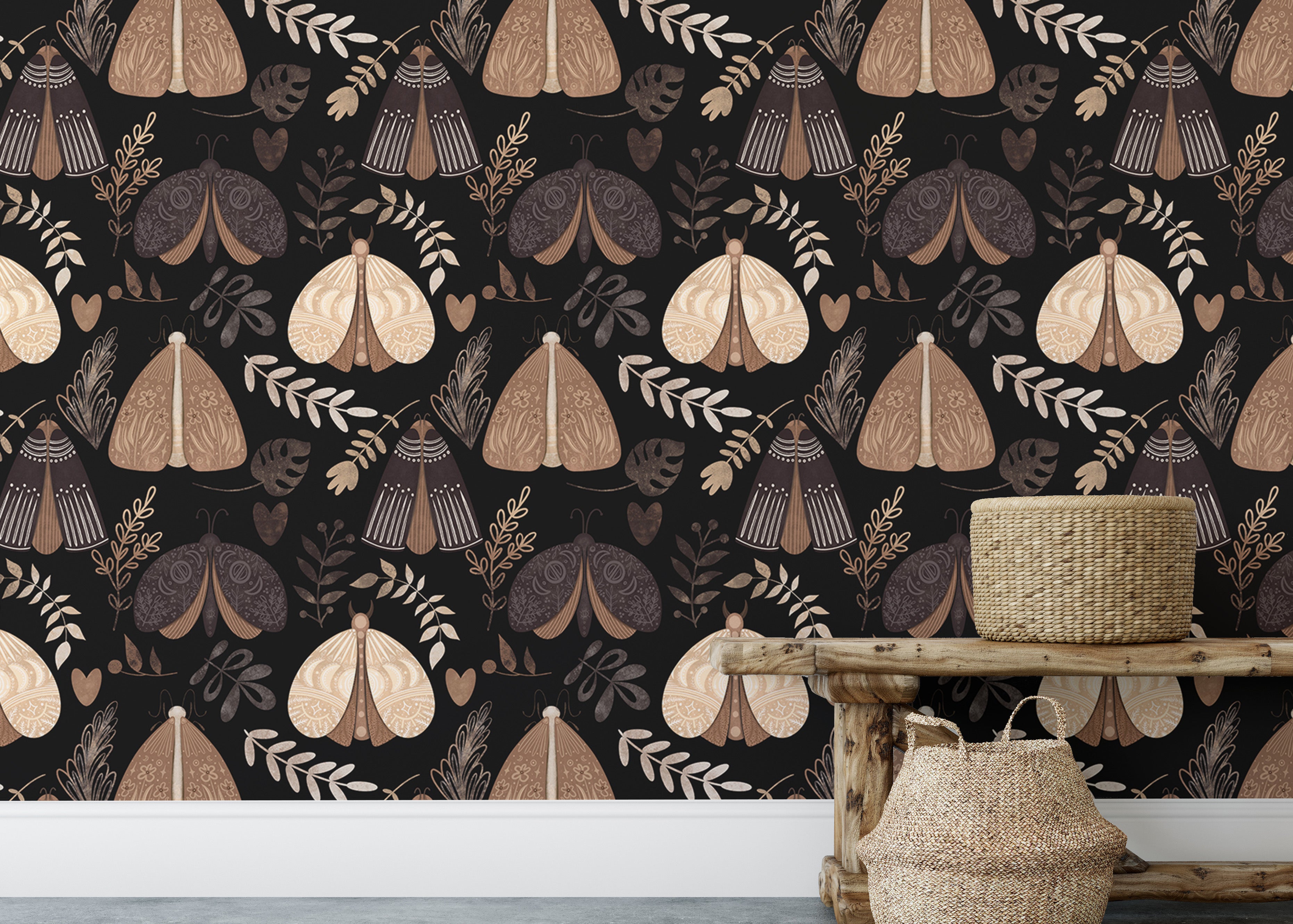 Moths and floral elements in a seamless wall pattern