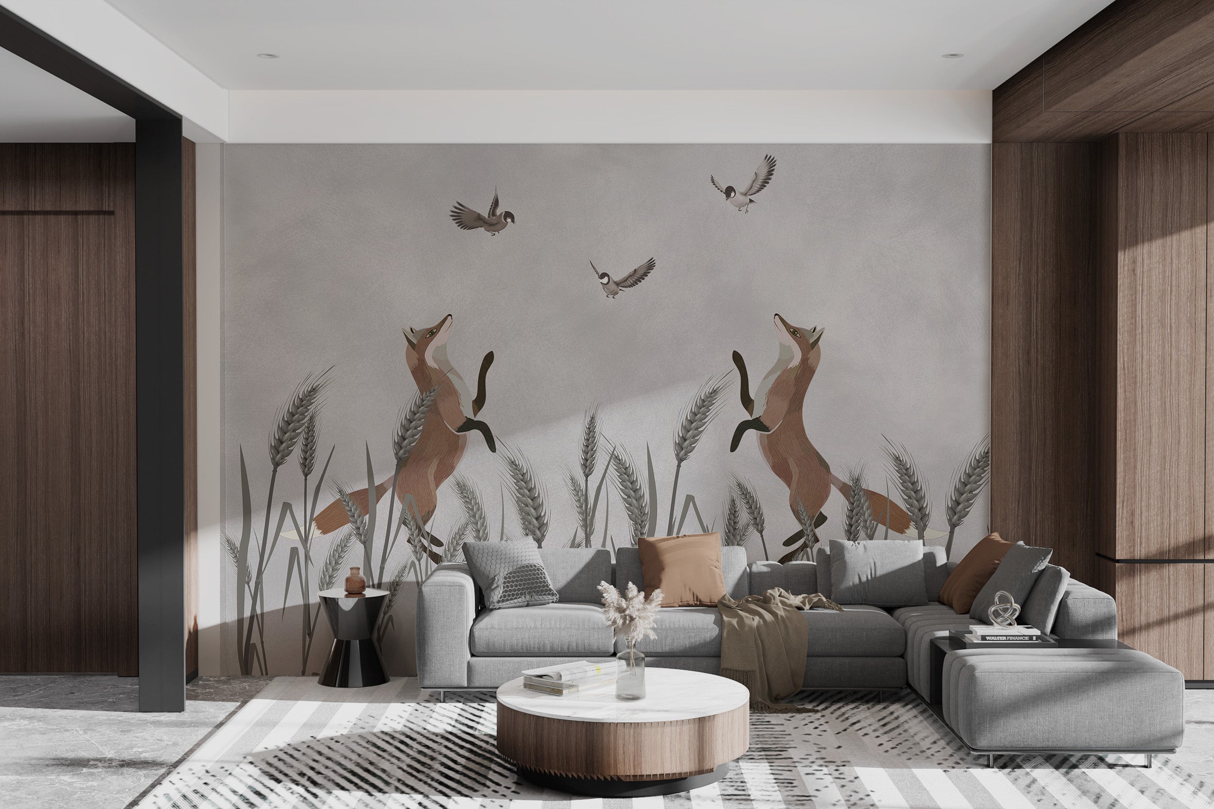 Kids wall mural of foxes running after birds