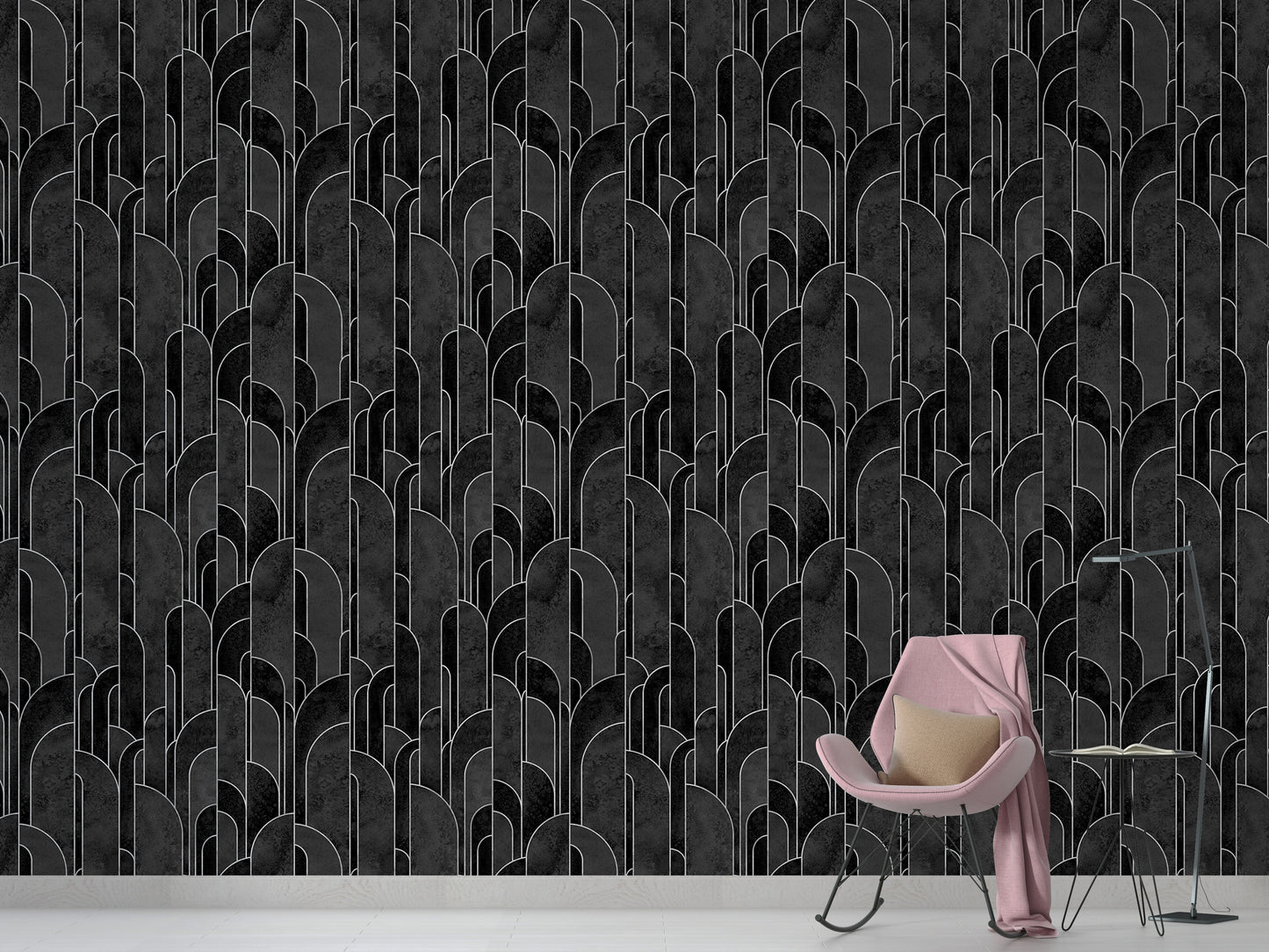 Bold black Deco repeat design wall covering.