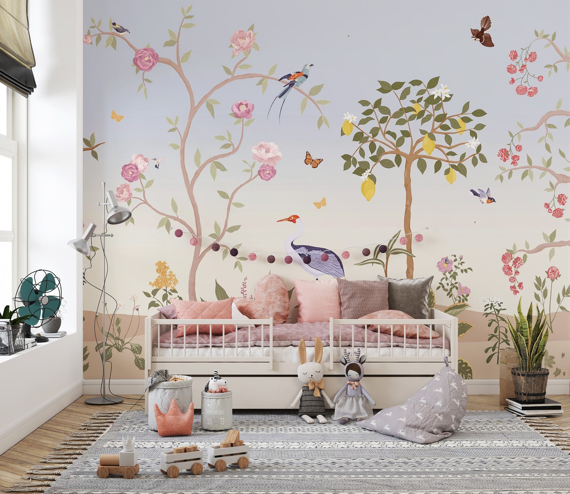 Vibrant chinoiserie mural featuring springtime florals
