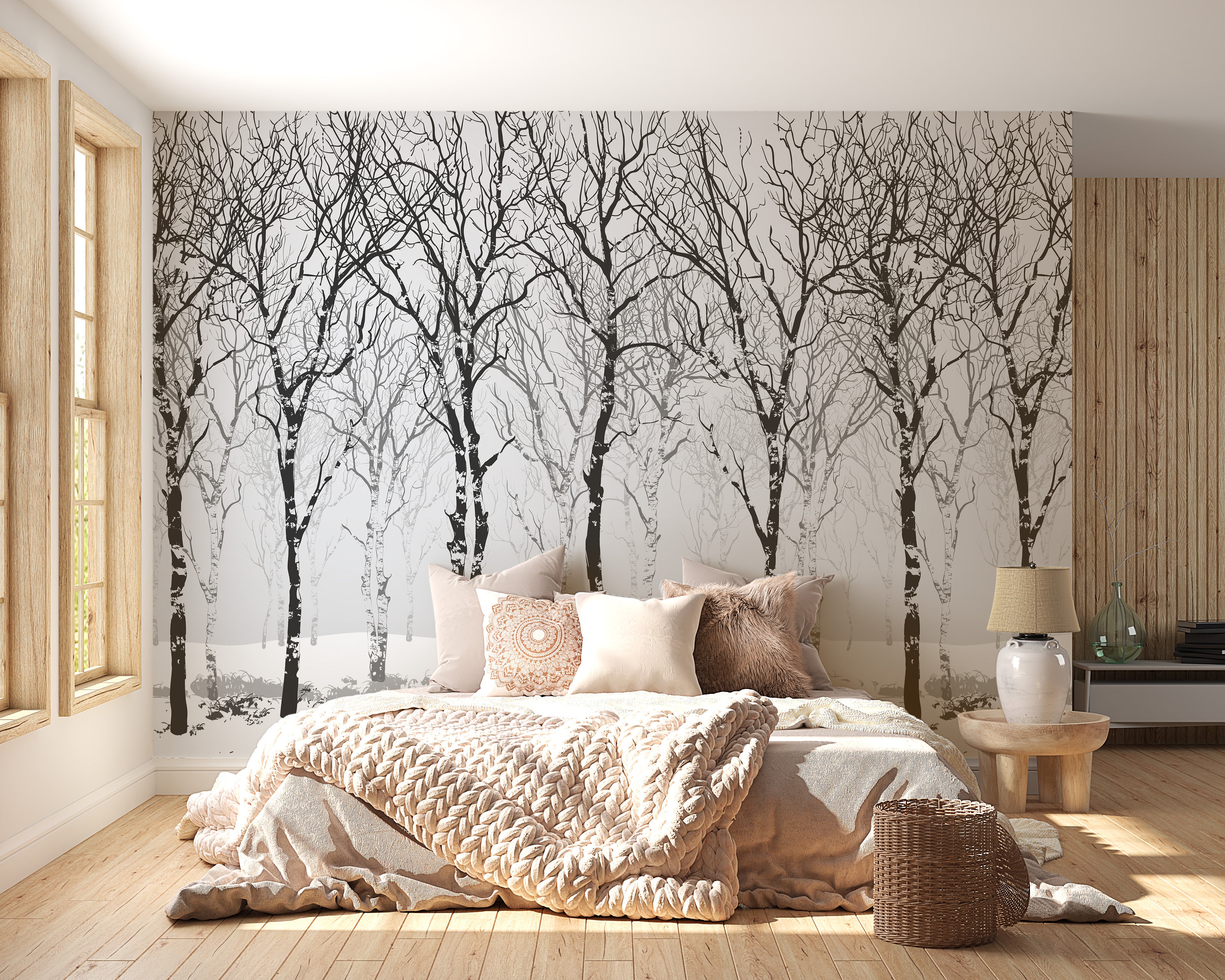 Birch forest mural for winter wall decor
