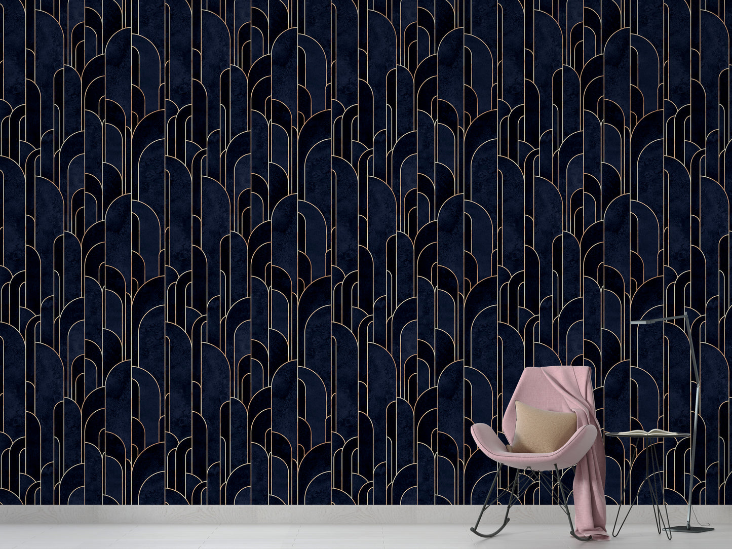 Stylish Deco wallpaper in dark blue with adhesive.