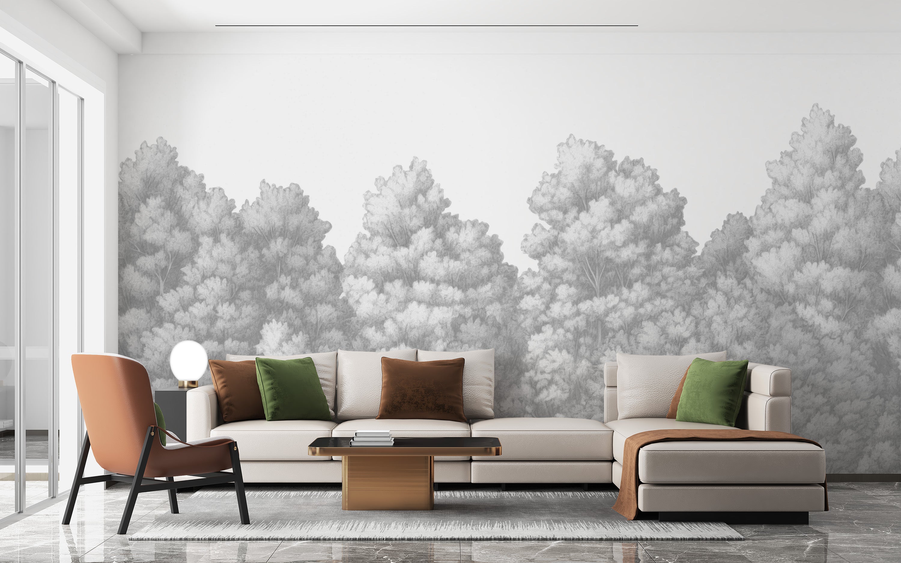 Gentle grey tree wall mural for calming interiors
