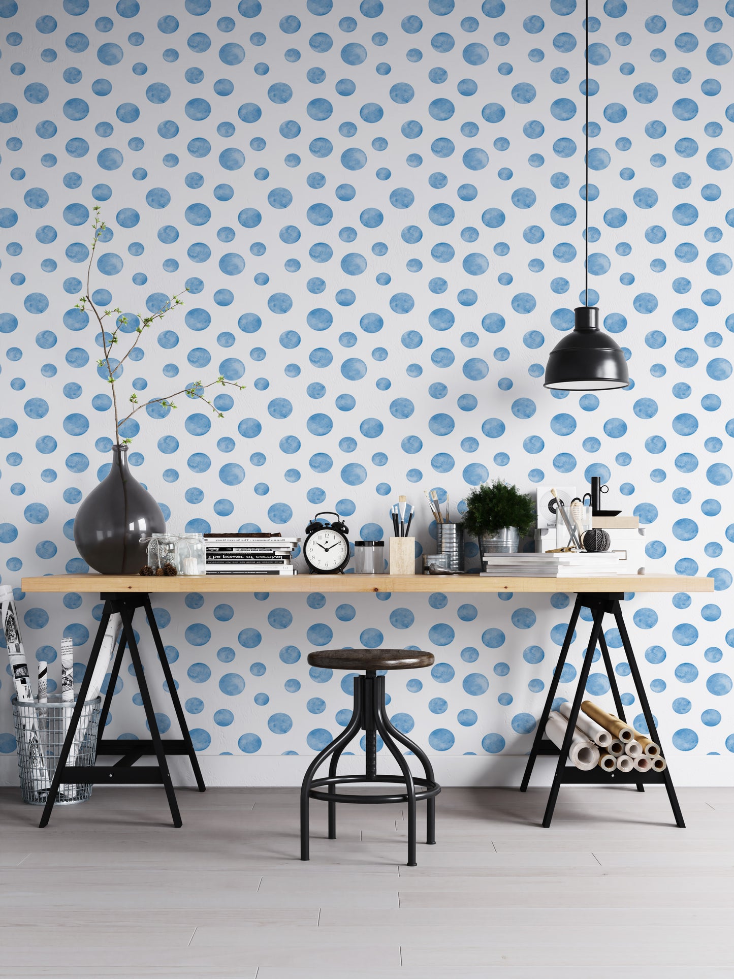 Watercolor Blue Seamless Design Polka Dots Wallpaper