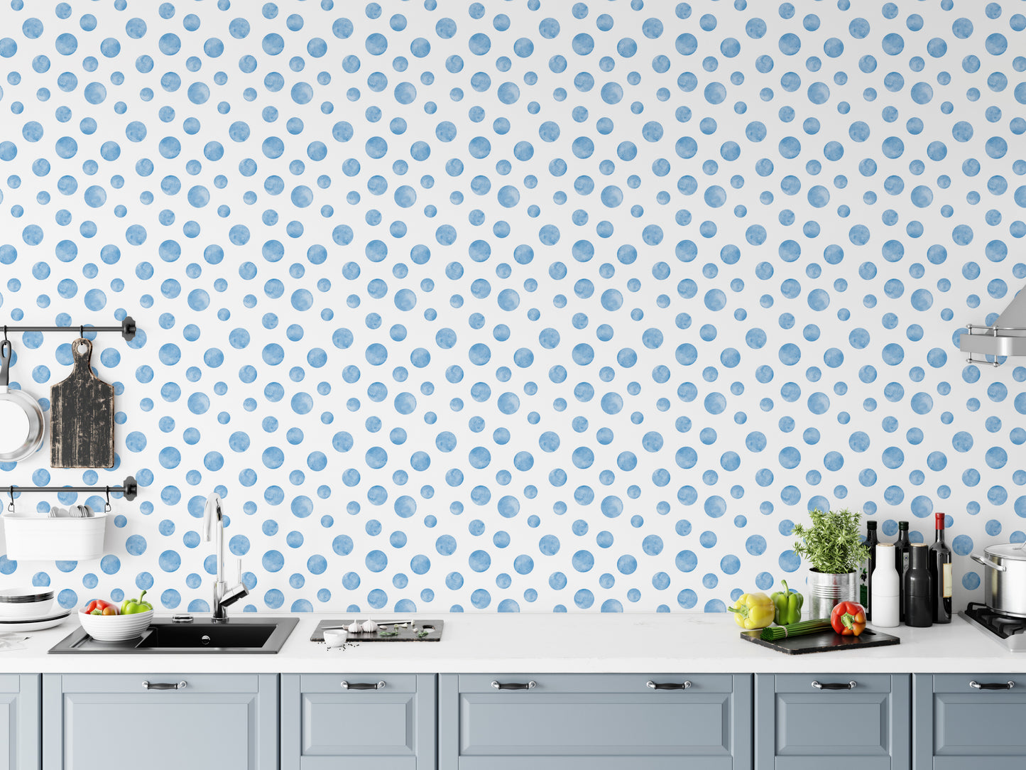 Watercolor Blue Seamless Design Polka Dots Wallpaper