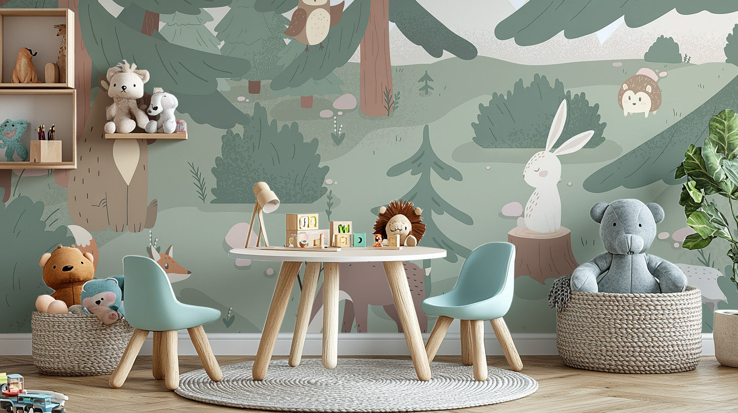 Forest animal kids wallpaper mural with playful wildlife design
