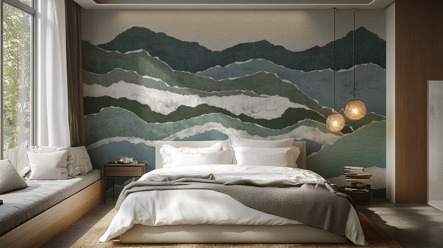 Majestic peaks mural in gentle watercolor hues for walls
