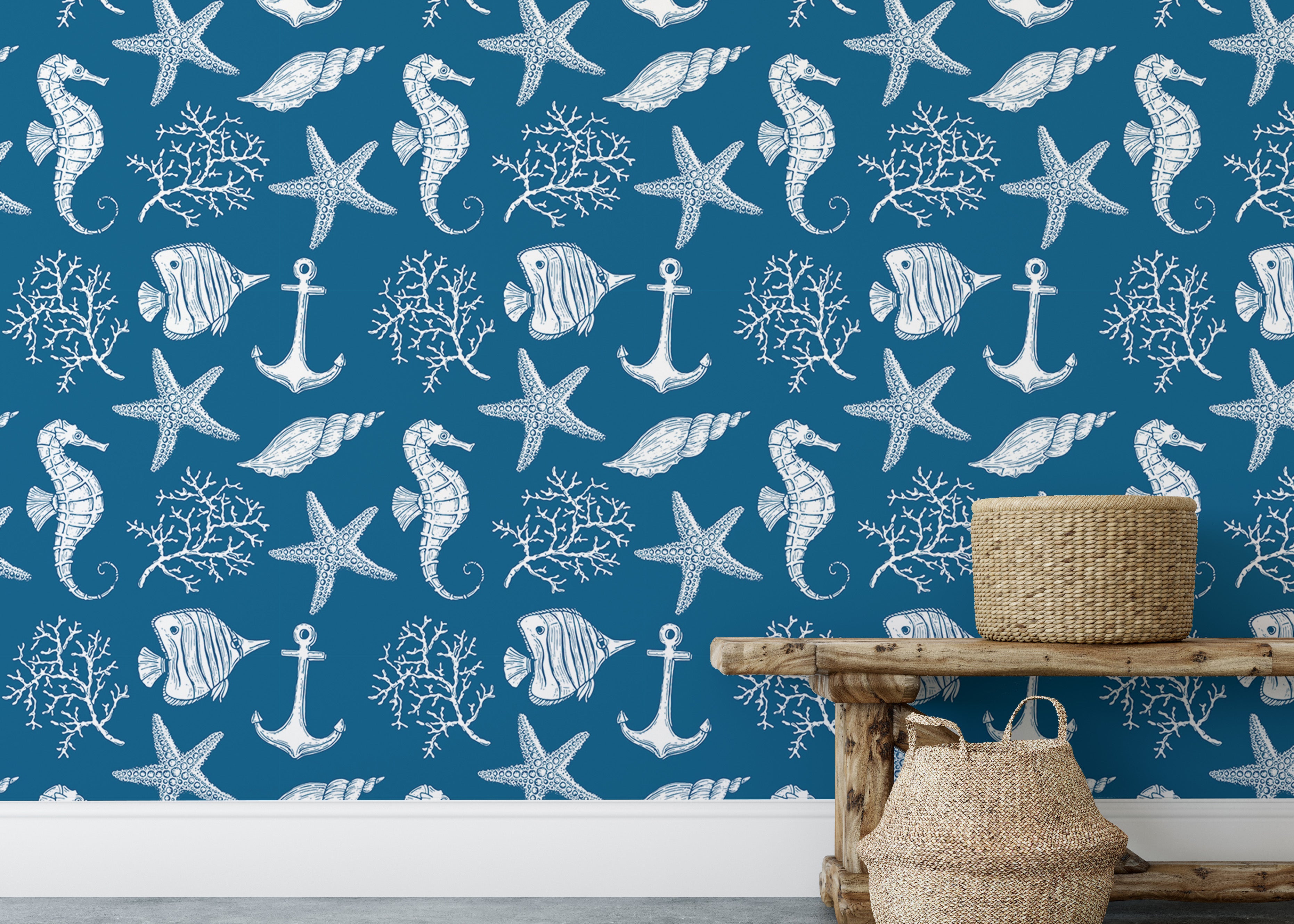 Marine-inspired wallpaper featuring fish in blue tones