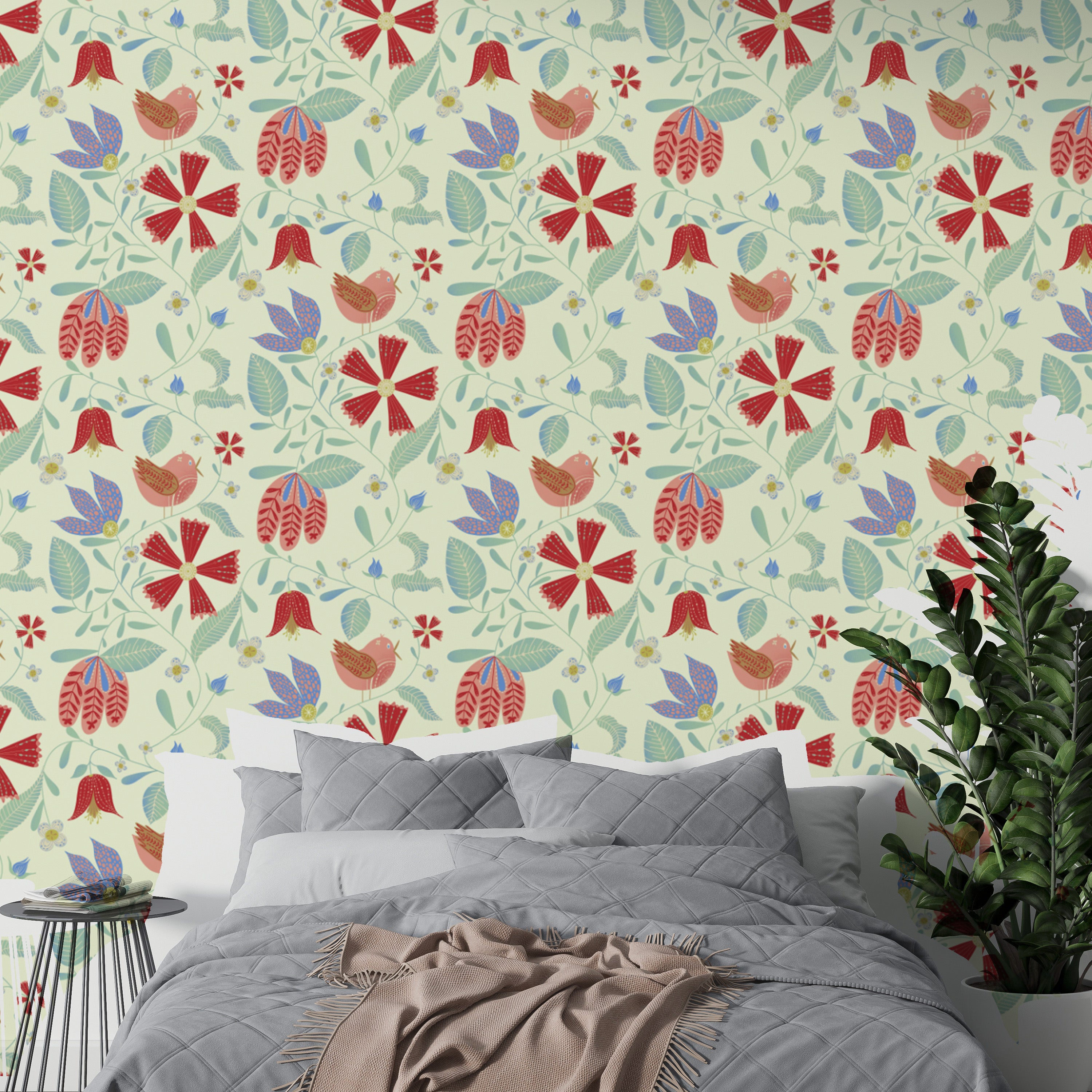 Elegant wallpaper with artistic illustrations of folksy birds
