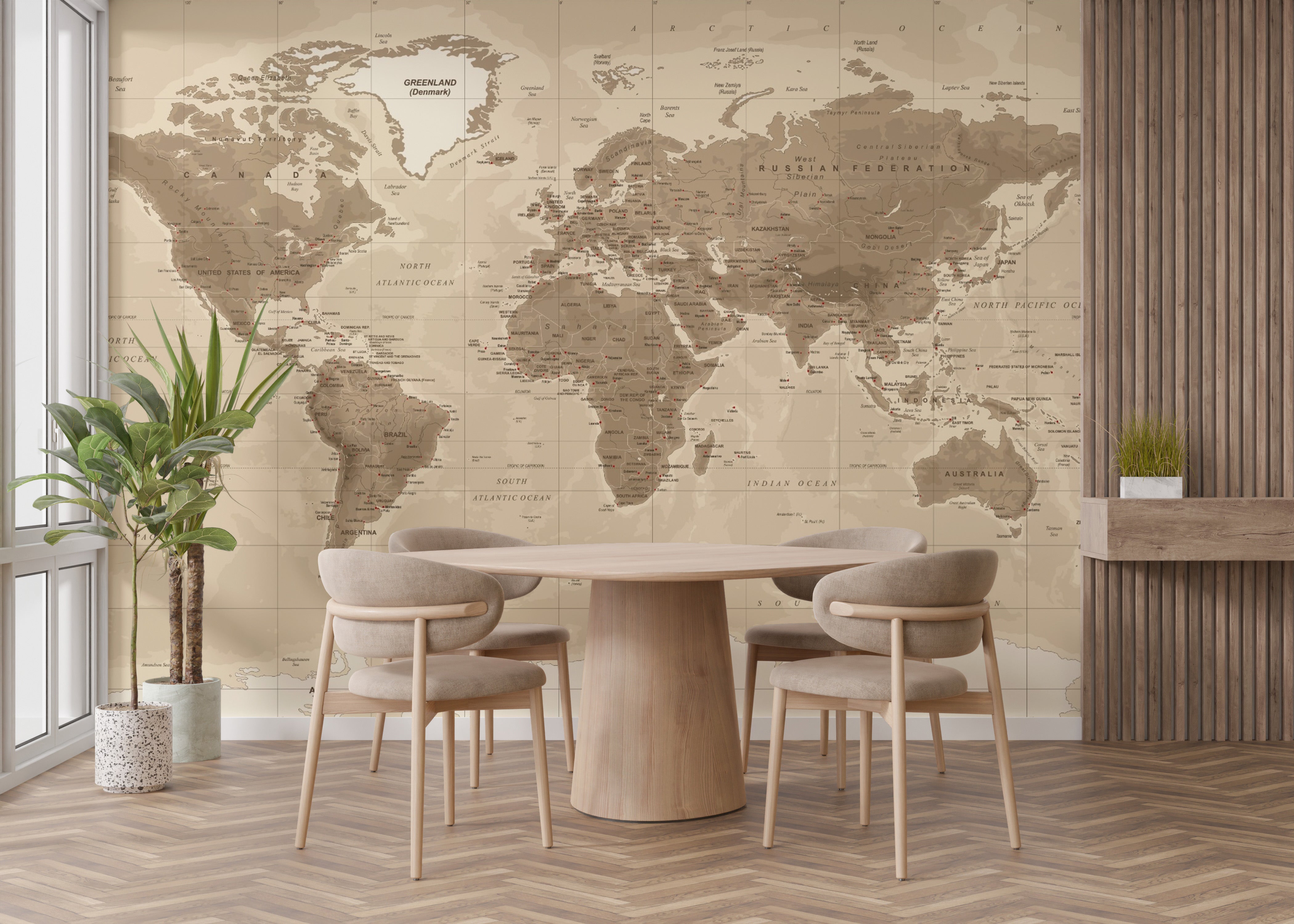 Detailed world map mural in a rustic brown color palette