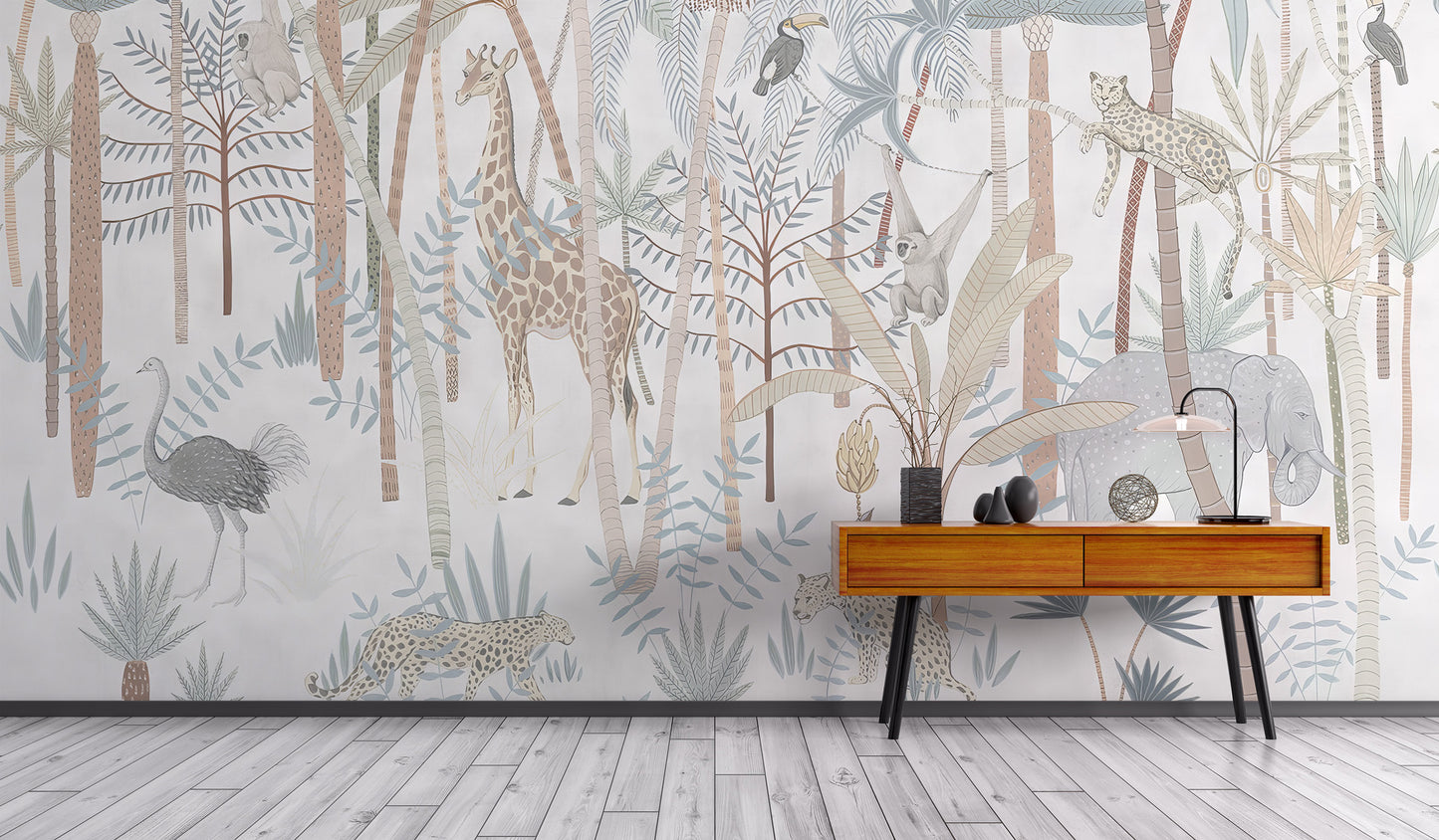 Room wallpaper featuring jungle animals and tropical themes