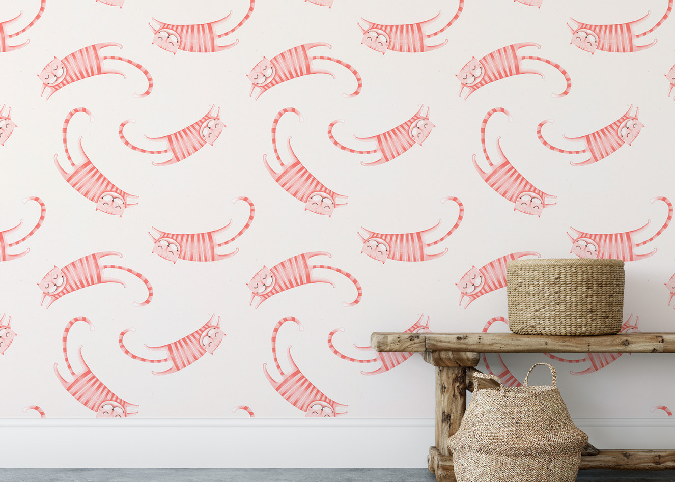 Adorable seamless wallpaper with pink striped cats