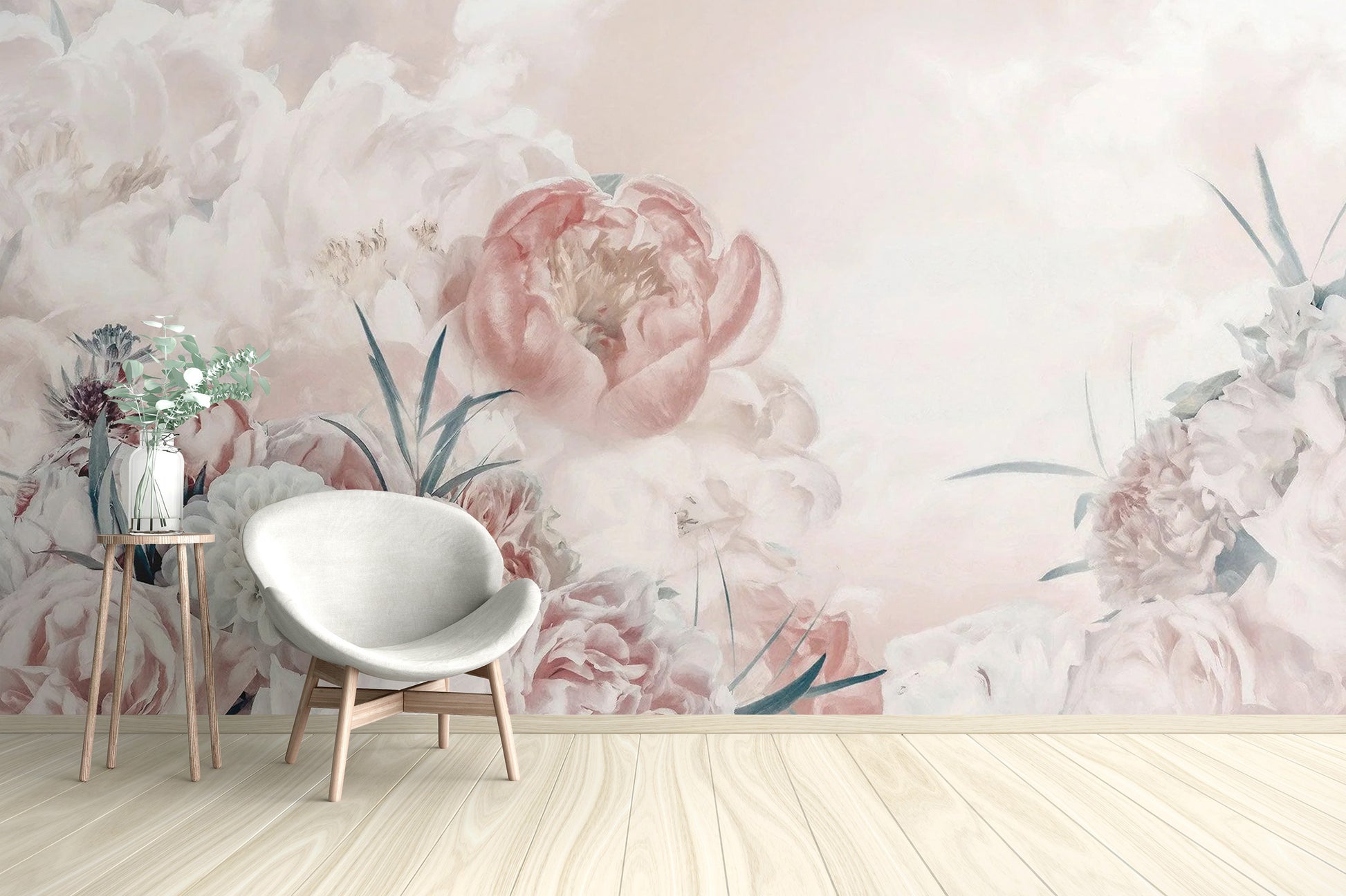 Beautiful pink white flower mural for romantic decor
