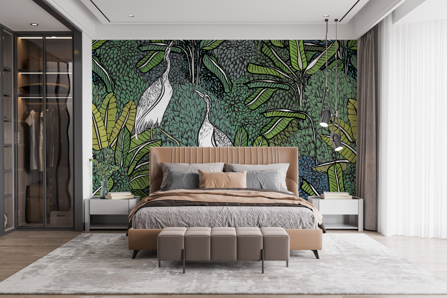 Tropical wallpaper mural with white cranes
