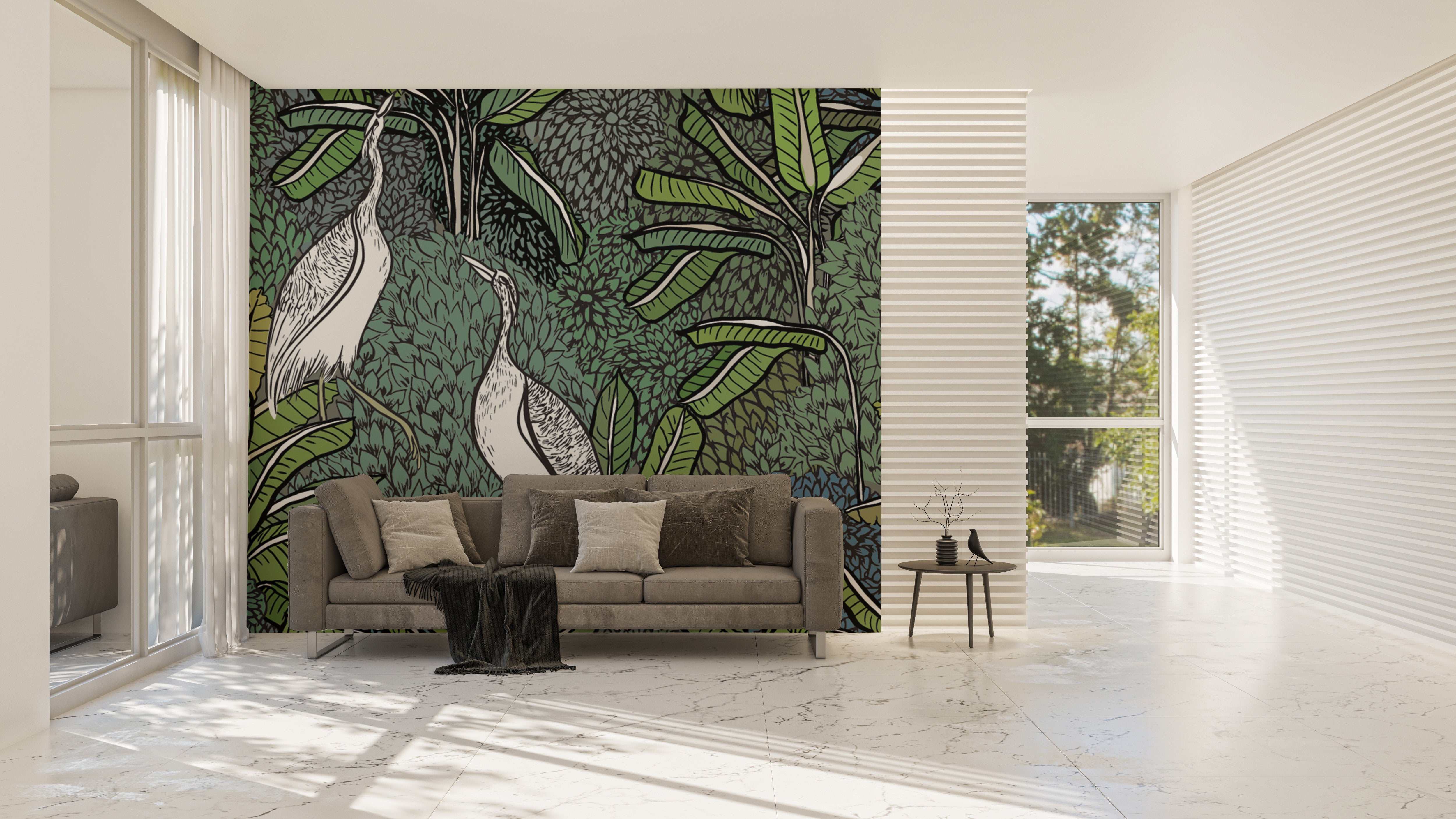 Elegant white cranes in greenery mural
