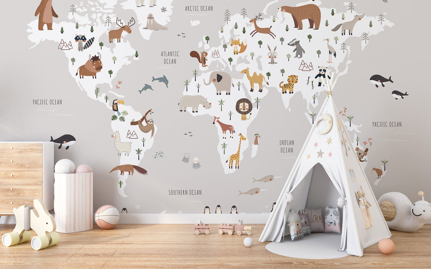 Wall mural showcasing a gray world map with wildlife icons
