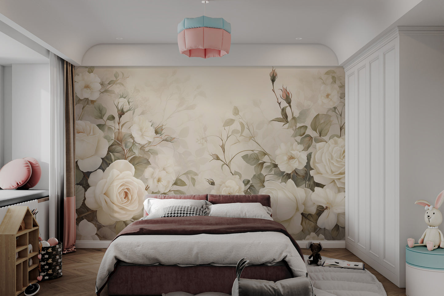 Luxury romantic flower wall mural with soft tones
