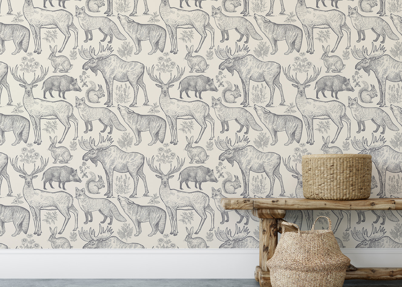 Elegant grey wallpaper featuring animals and plants