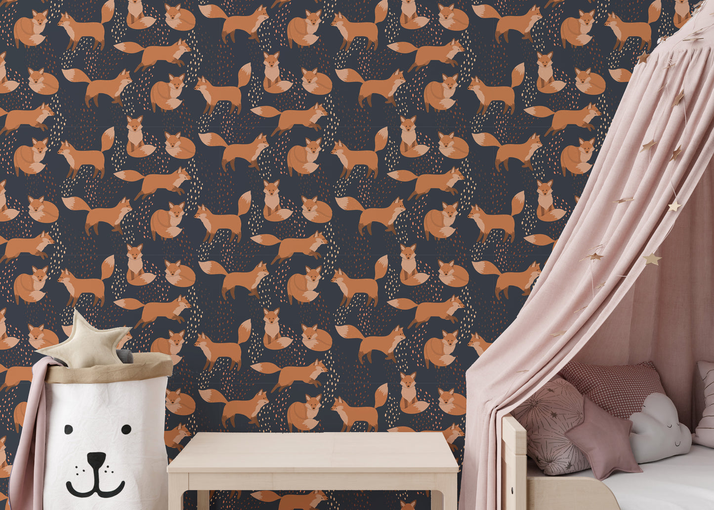 Whimsical orange foxes mural print
