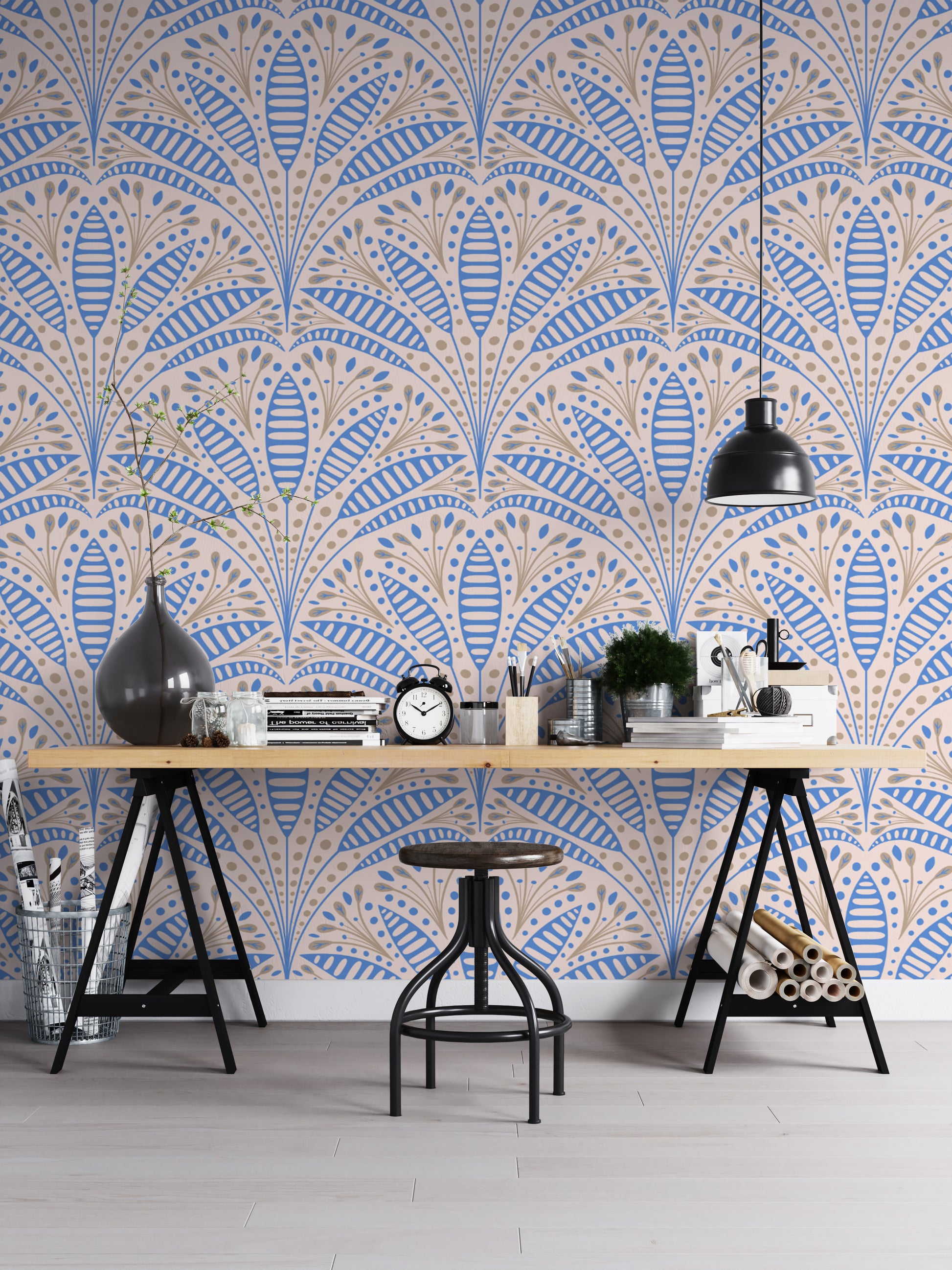 Art Deco blue palm motif wallpaper for modern spaces
