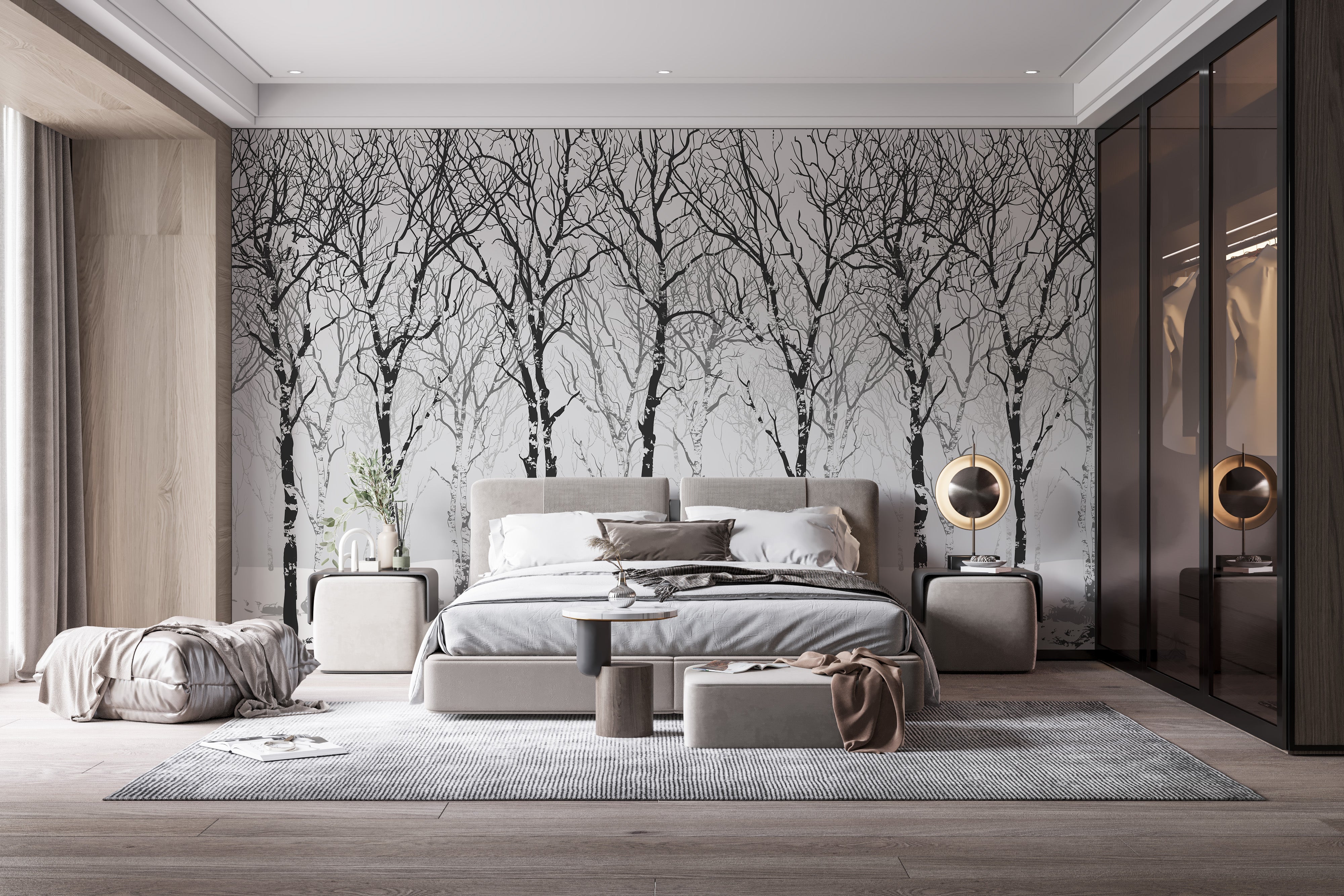 Minimal winter birch trees mural design
