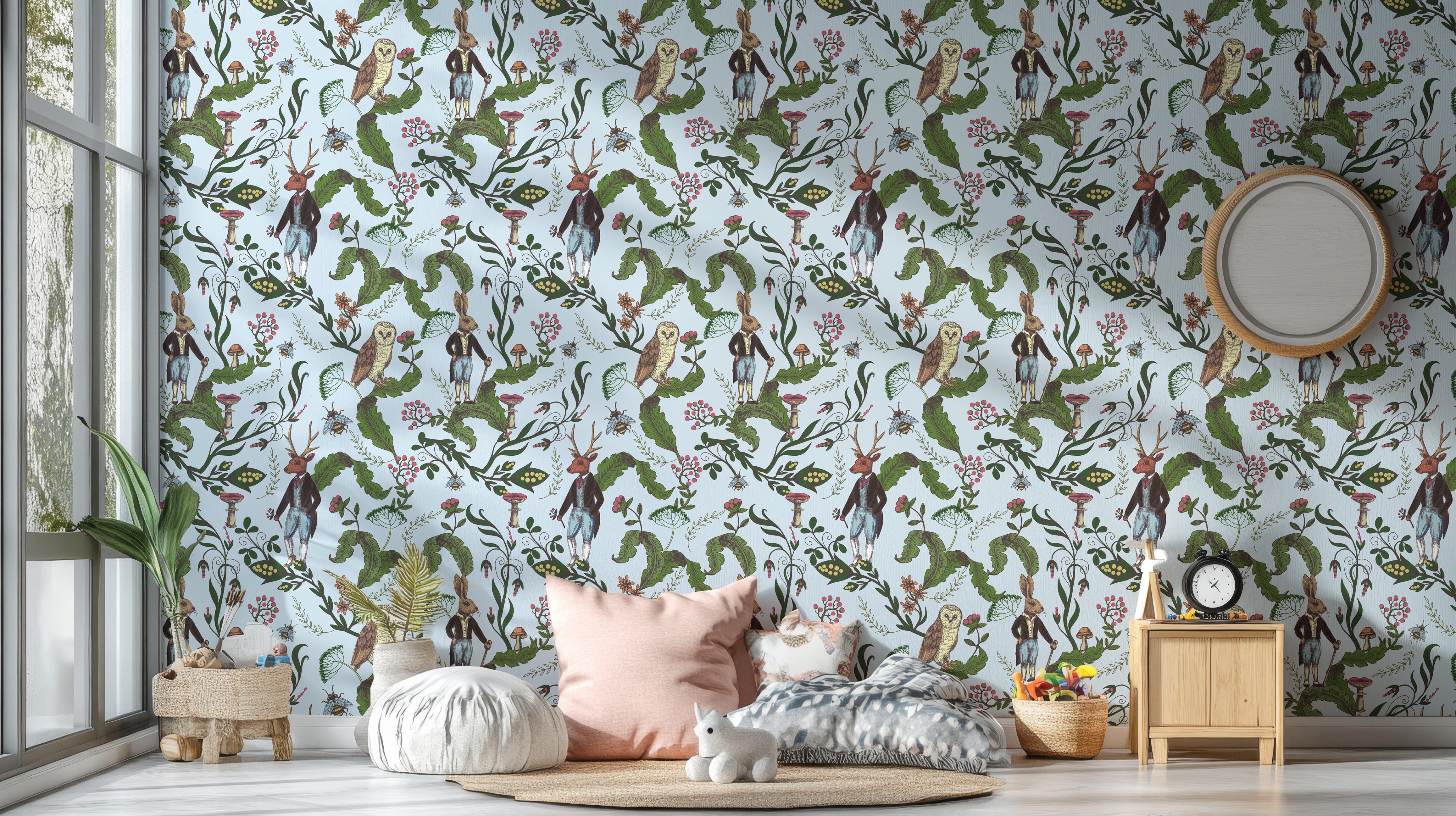 Green leaves rabbit owl wallpaper mural
