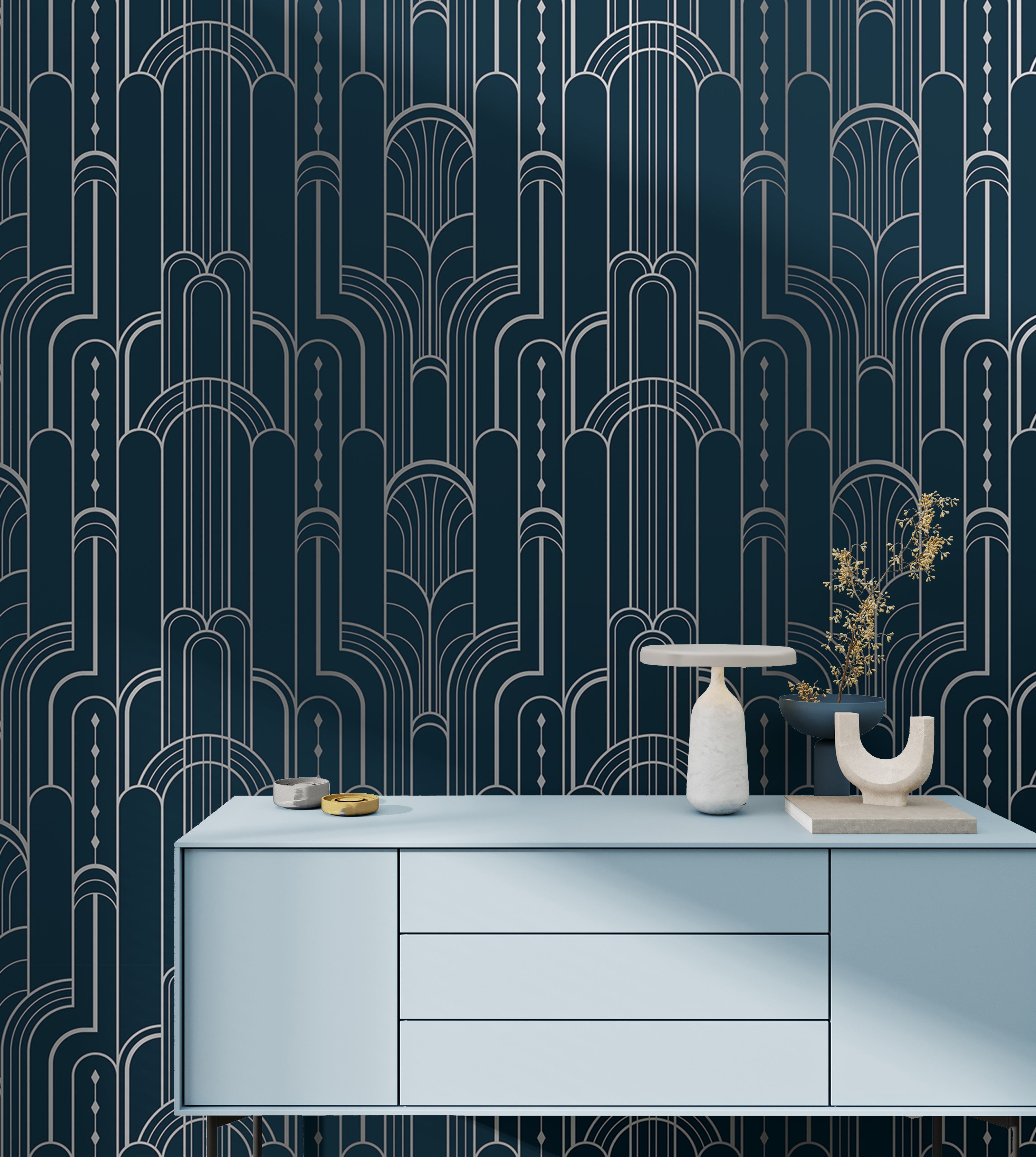 Stylish blue and silver Deco wallpaper for walls.