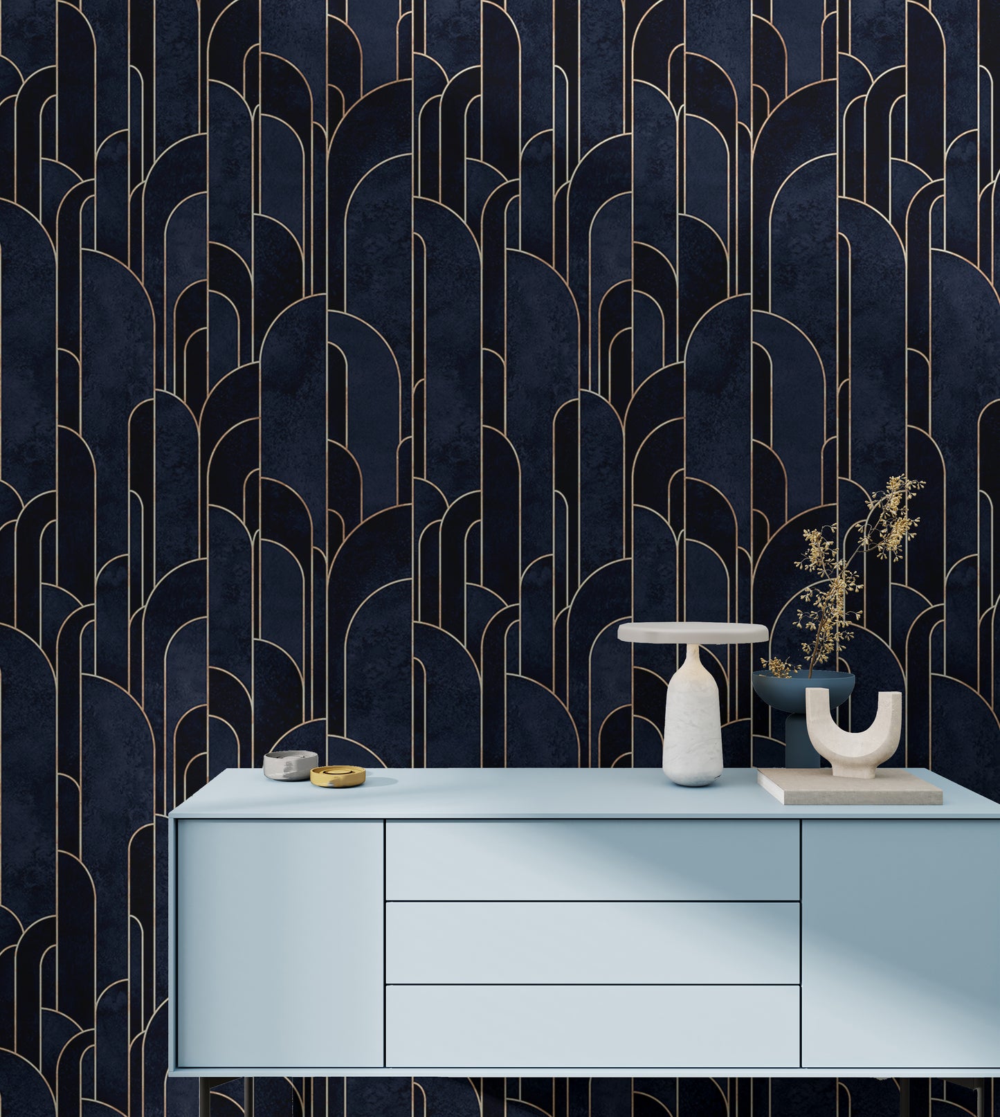 Dark Blue Art Deco Self Adhesive Wallpaper For Walls