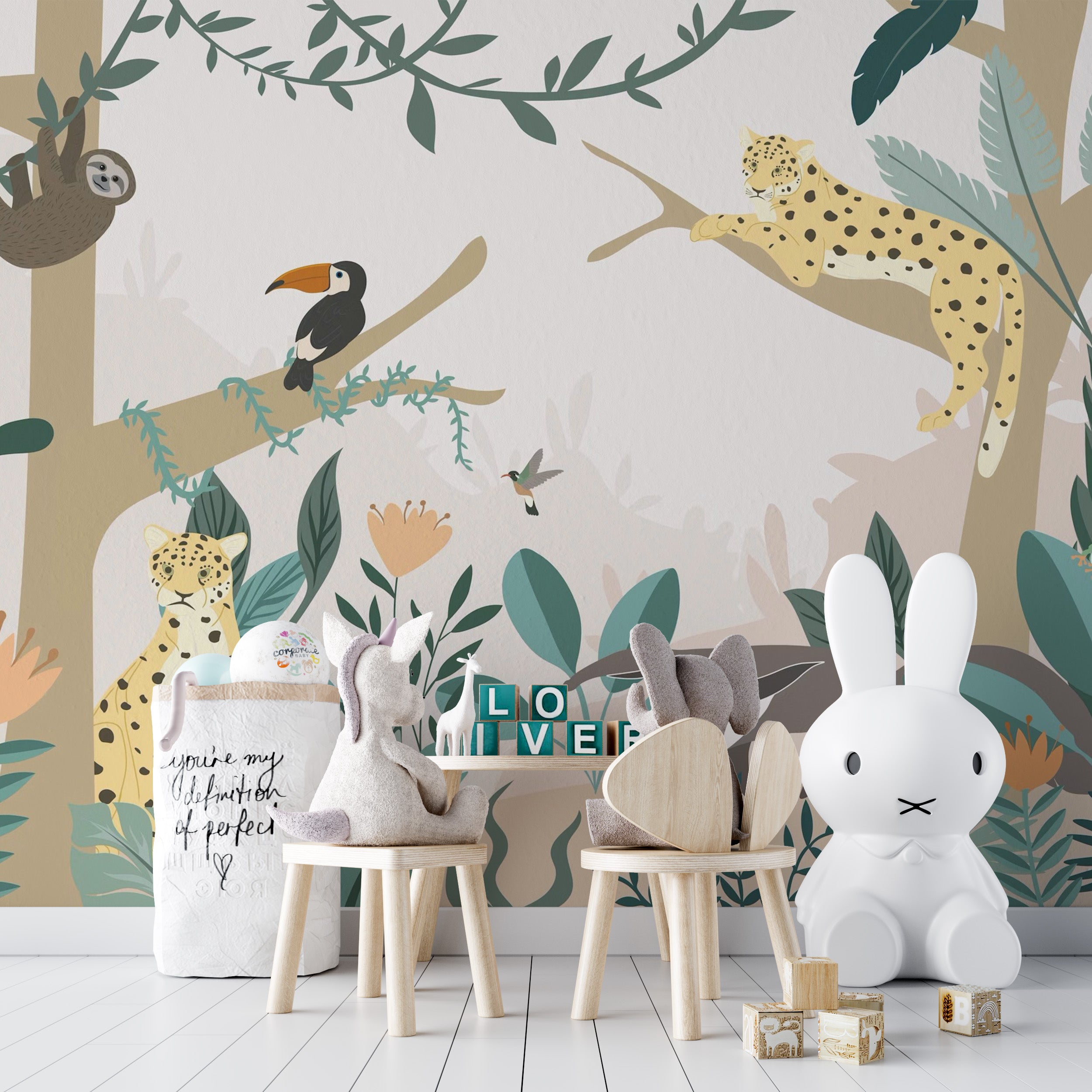 Colorful rainforest animals mural for a vibrant room.
