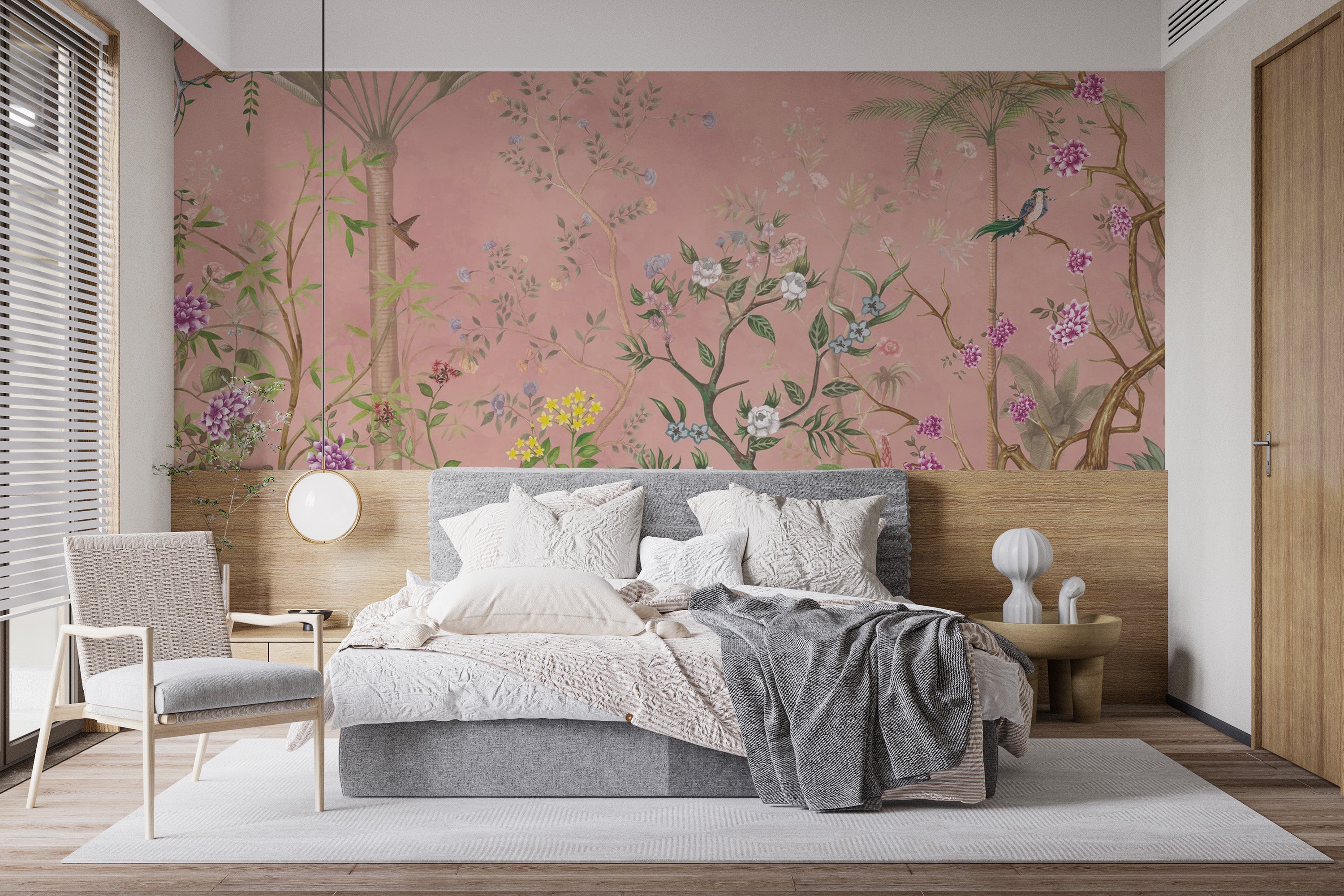 Beautiful pink tropical chinoiserie wallpaper for rooms
