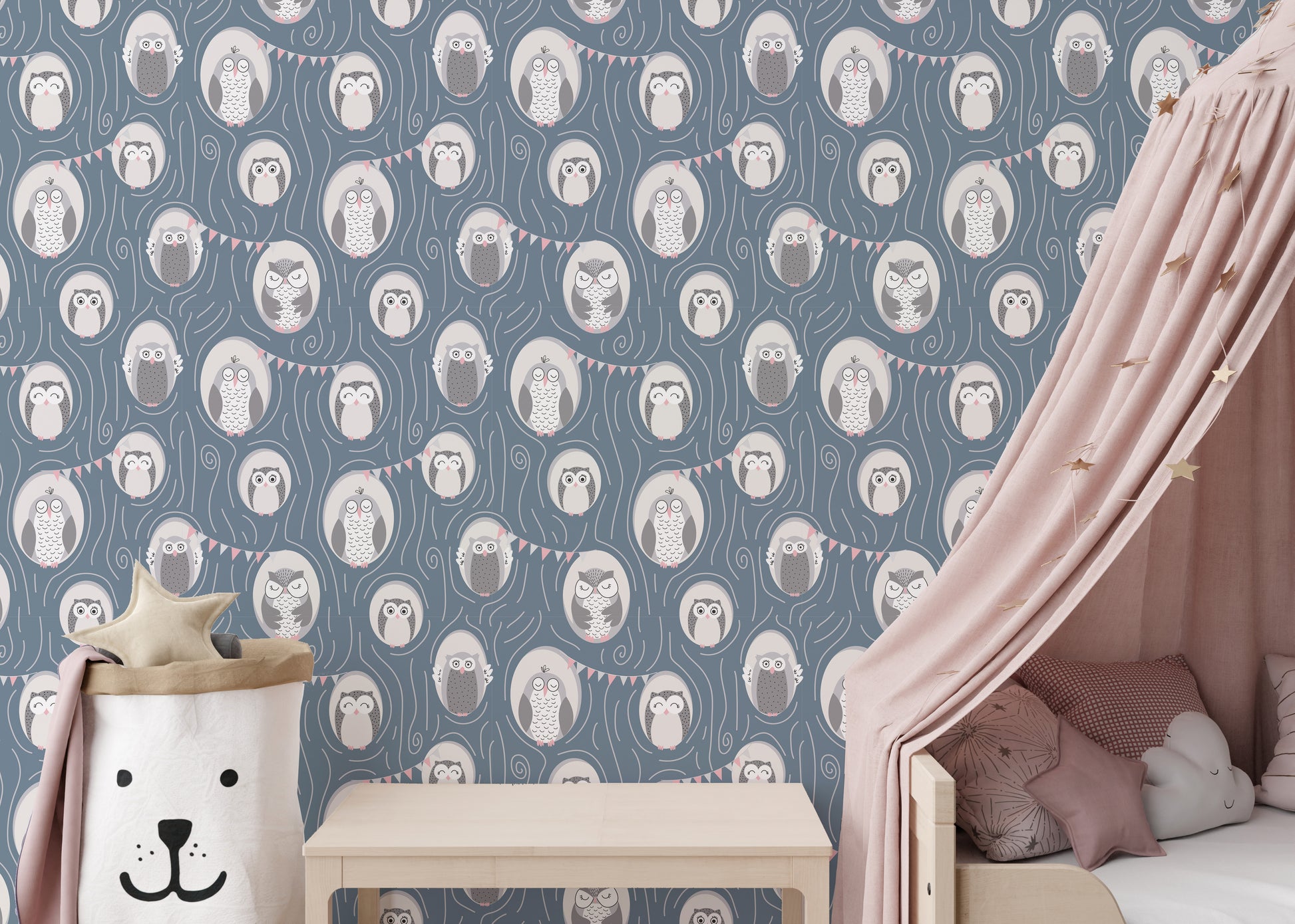 Whimsical owls in tree mural wallpaper style
