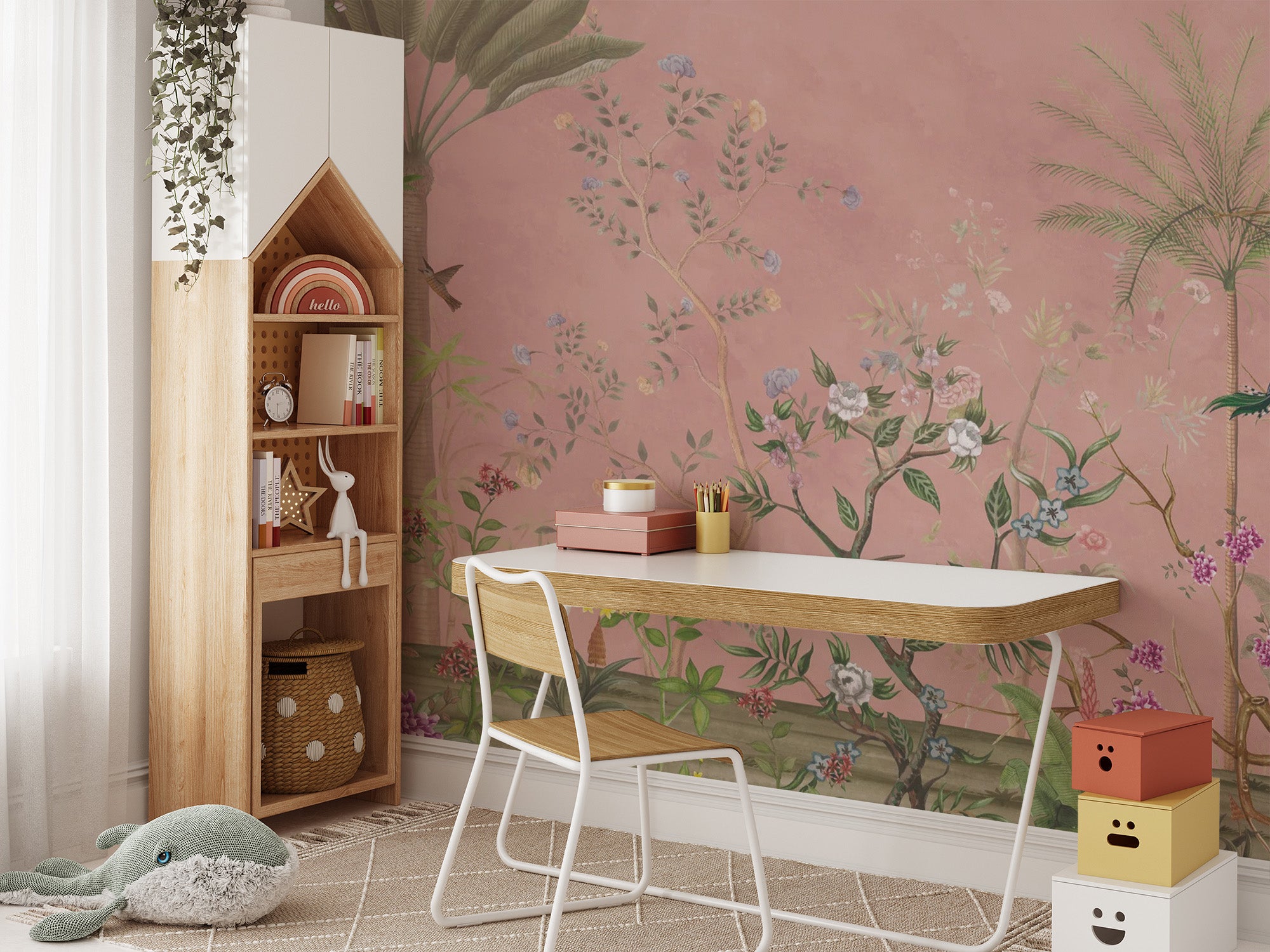 Sophisticated pink chinoiserie mural with tropical design
