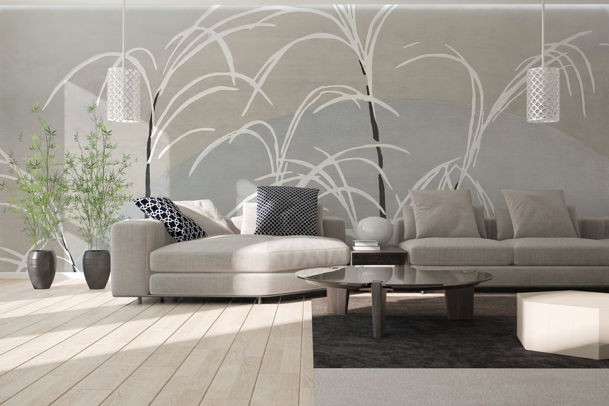 Botanical-themed mural featuring artistic white reeds
